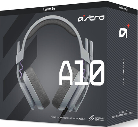 Ein Headset-Karton mit einem grauen Headset. Die Box hat Text und Branding.