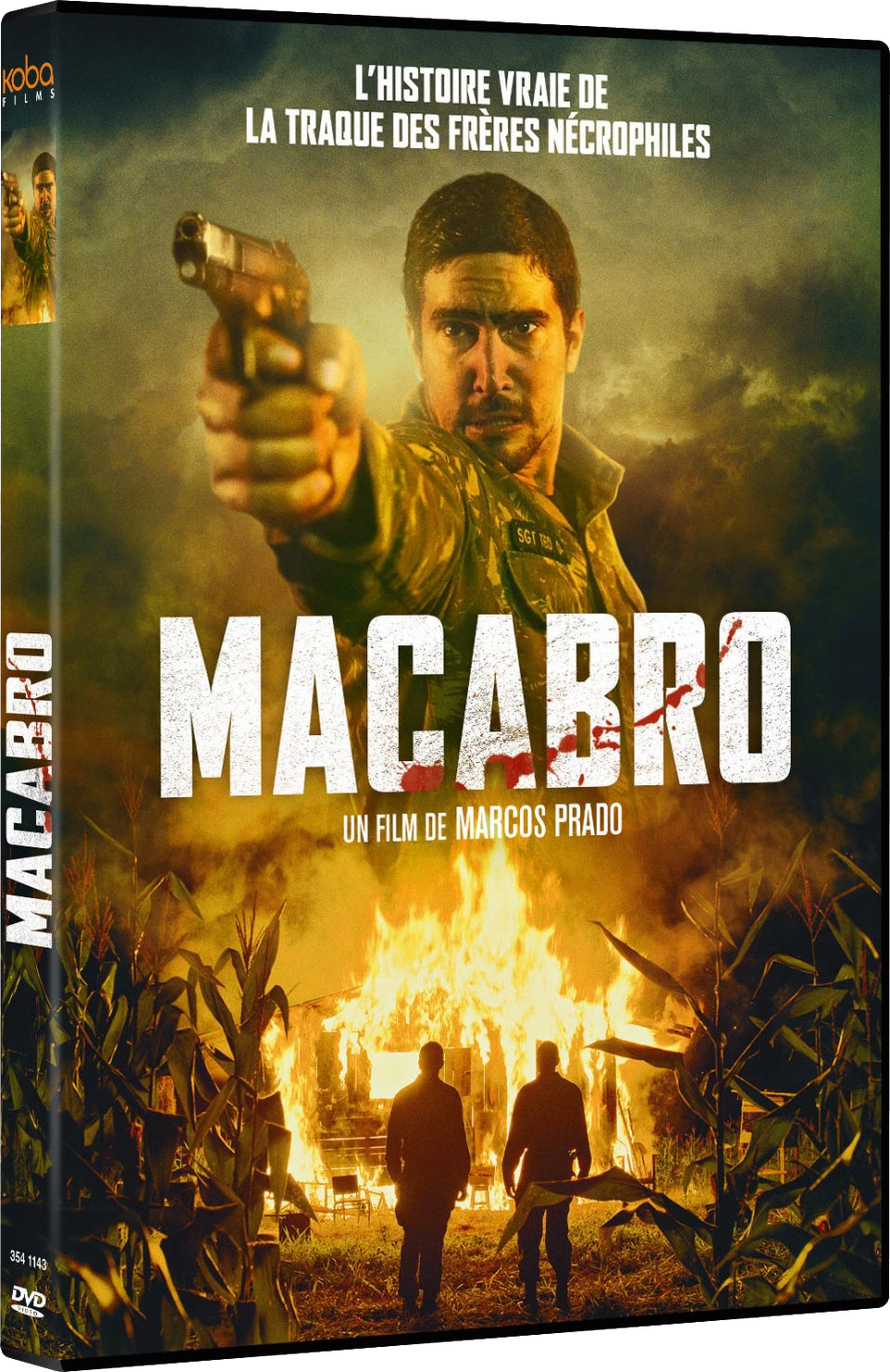 Movie cover: Man with gun, fire in background, title 'MACABRO'.