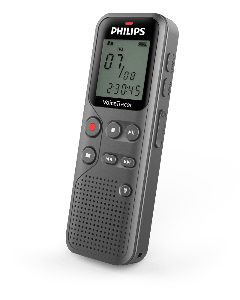 Ein Philips VoiceTracer digitales Diktiergerät mit einem Bildschirm, der Datum, Uhrzeit und Aufnahmestatus anzeigt.