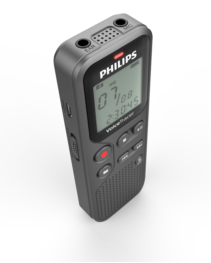 Ein dunkelgraues Philips-Diktiergerät mit Display, Tasten und Mikrofon auf weißem Hintergrund.