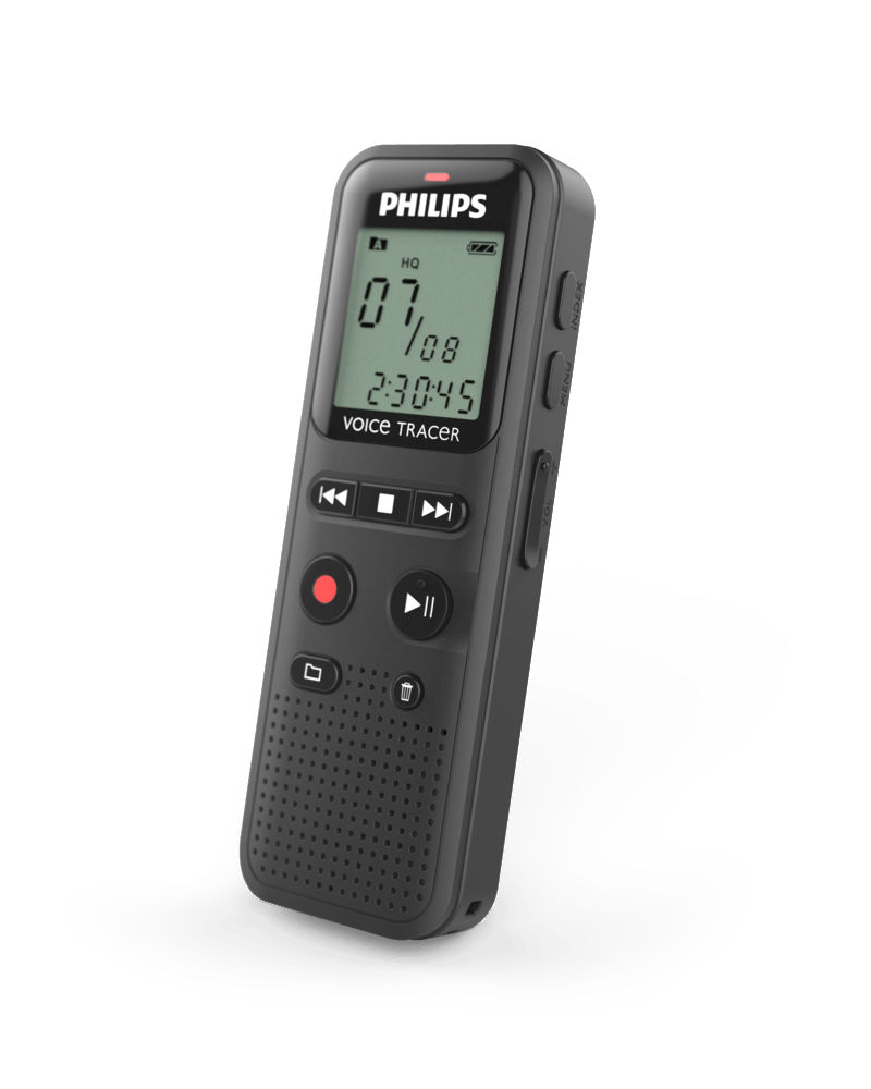 Schwarzer Philips Voice Tracer. Display zeigt Zeit und Aufnahmestatus. Tasten zur Steuerung.