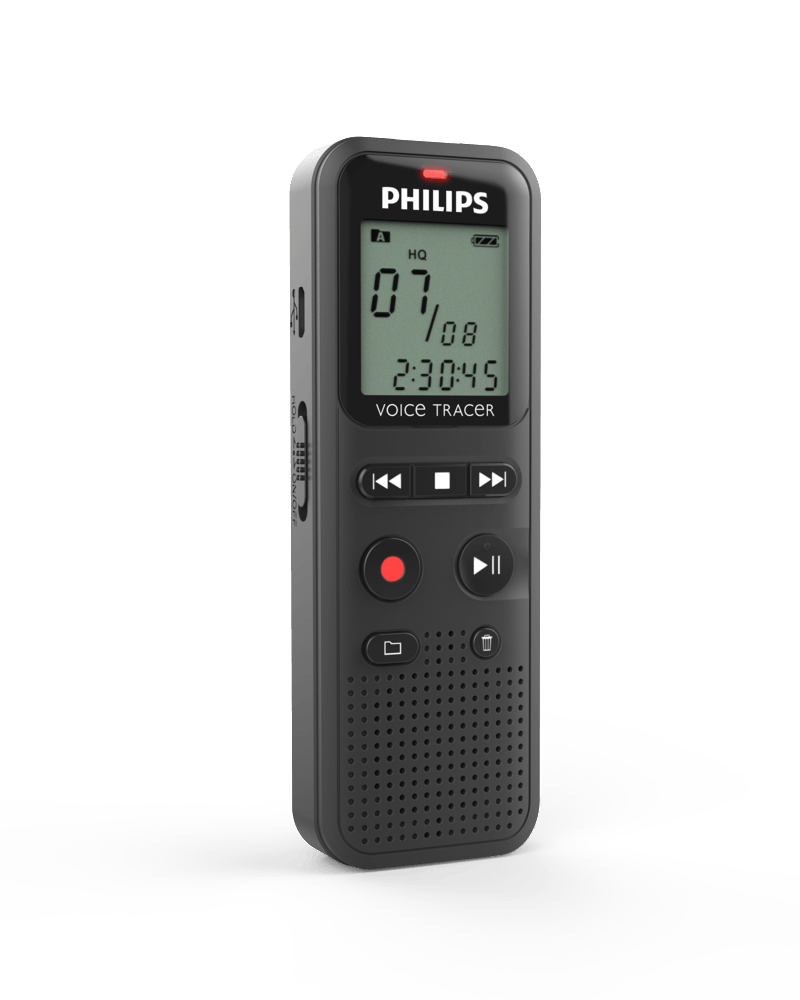 Ein schwarzes Philips-Diktiergerät mit kleinem Bildschirm und mehreren Tasten.