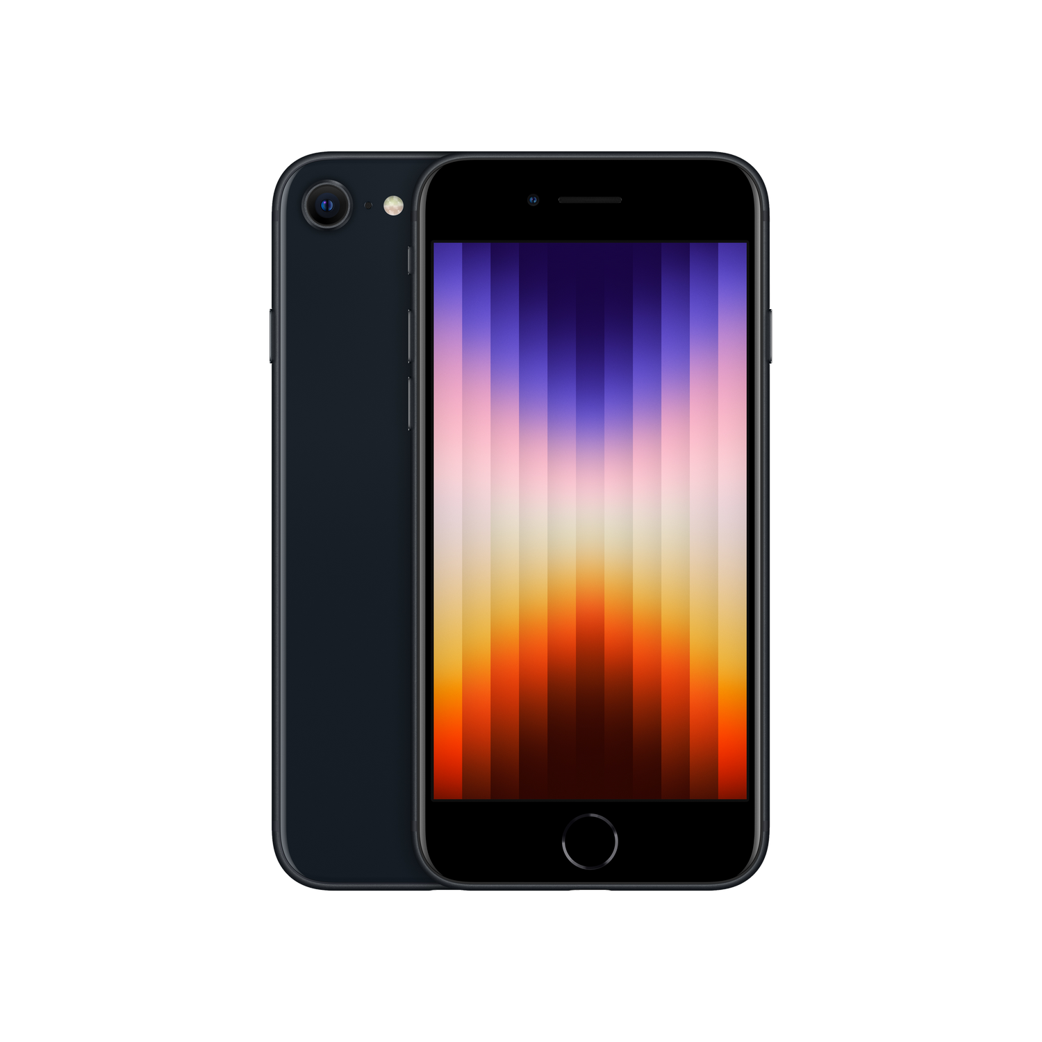 iPhone SE negro. Vista trasera mostrando una sola lente de cámara y el logo de Apple. Frontal muestra pantalla.