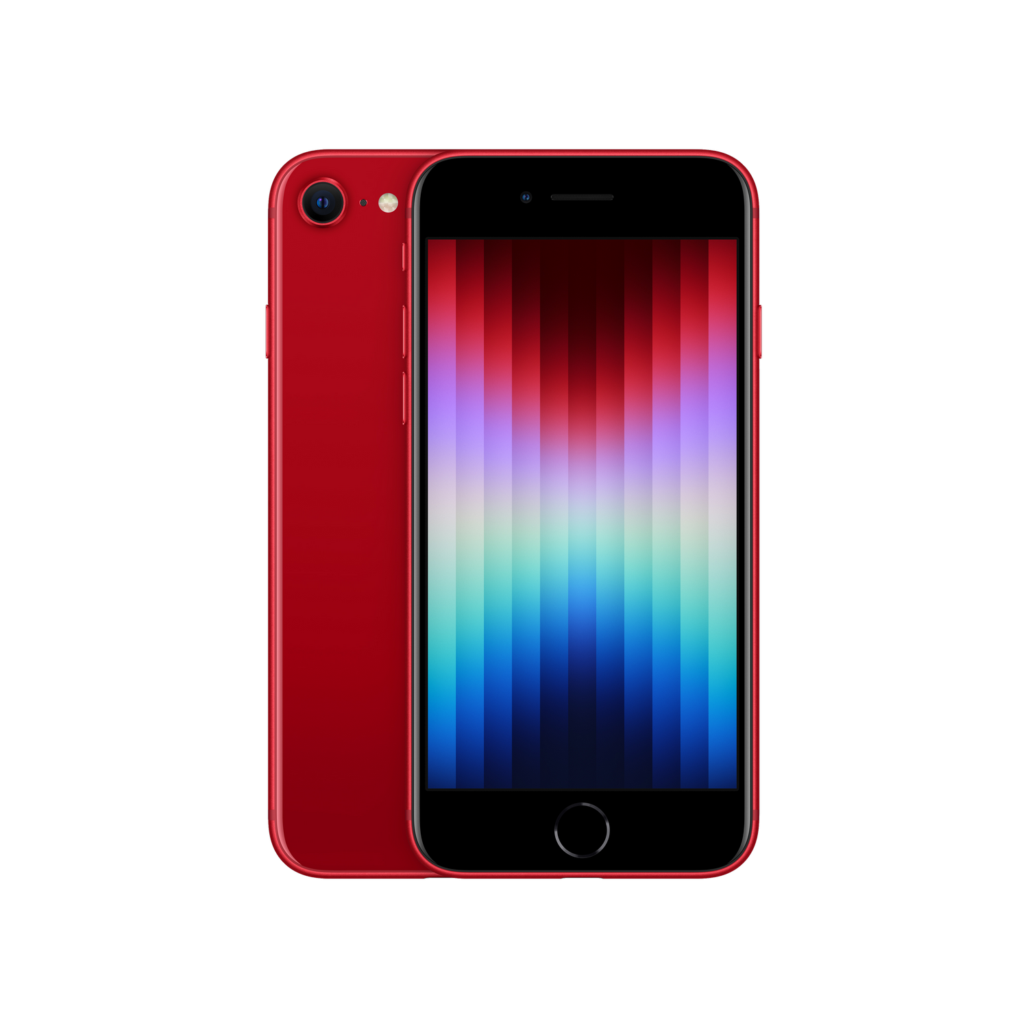 iPhone SE rojo. Muestra la parte delantera y trasera del teléfono.