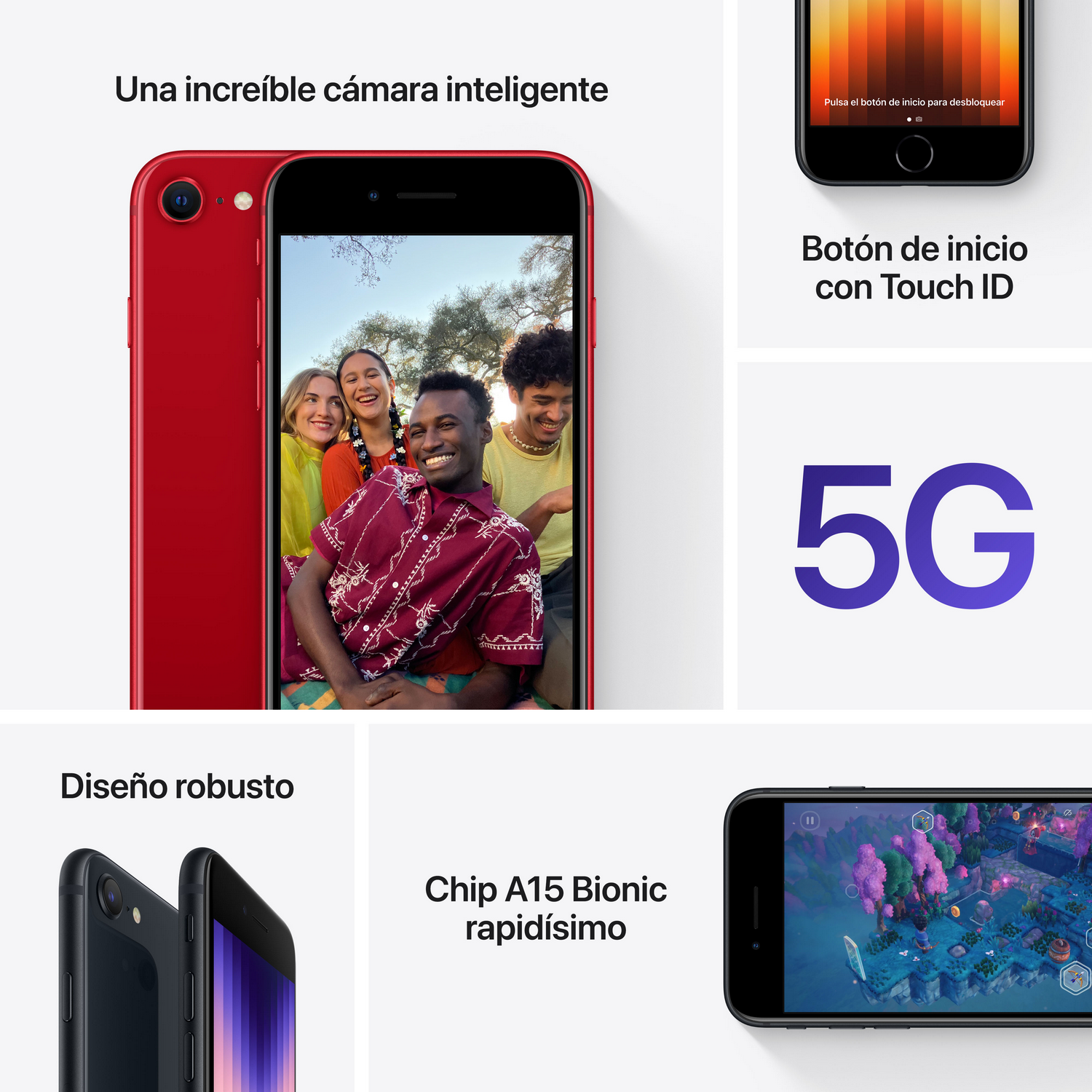 Smartphone rojo, smartphone negro y un icono 5G. La imagen muestra las características y el diseño del teléfono.