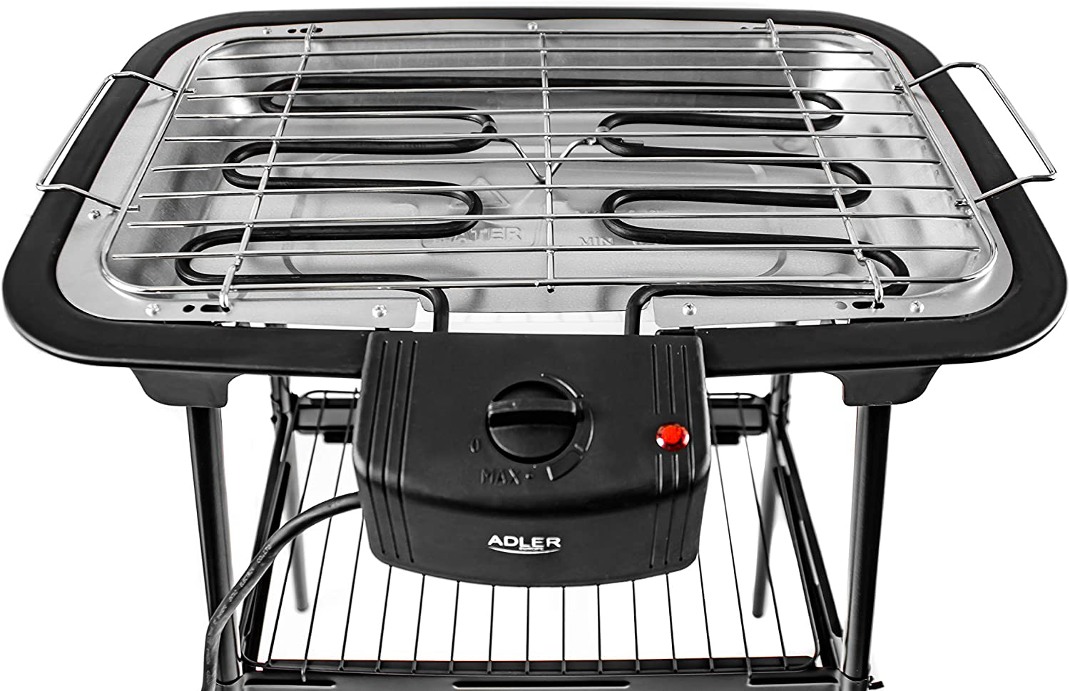 Elektromos grill fekete kerettel és vezérlőpanellel. Fém grillfelület fűtőelemekkel.