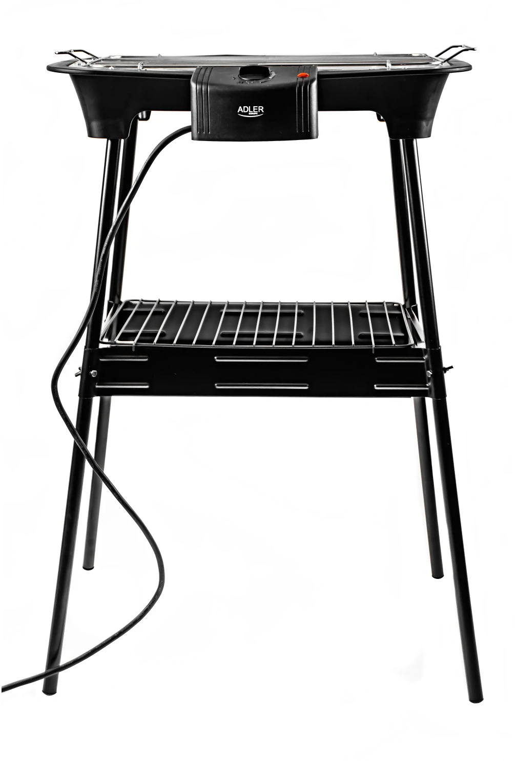Fekete elektromos grill lábakkal. Fűtőelem és egy polc alatta.