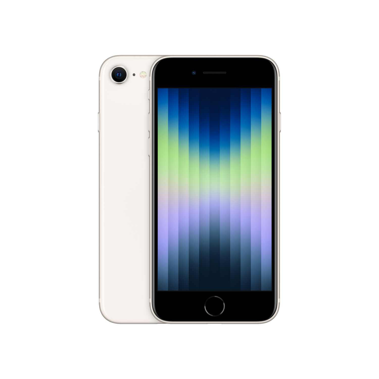 iPhone blanco con pantalla negra con fondo colorido. Sobre fondo negro.
