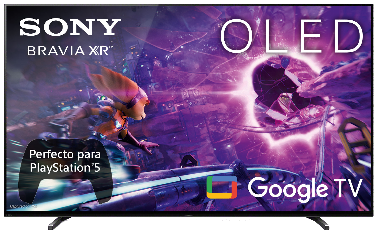 El televisor OLED de Sony muestra una escena de videojuego. Hay un gráfico de mando y el logotipo de Google TV.