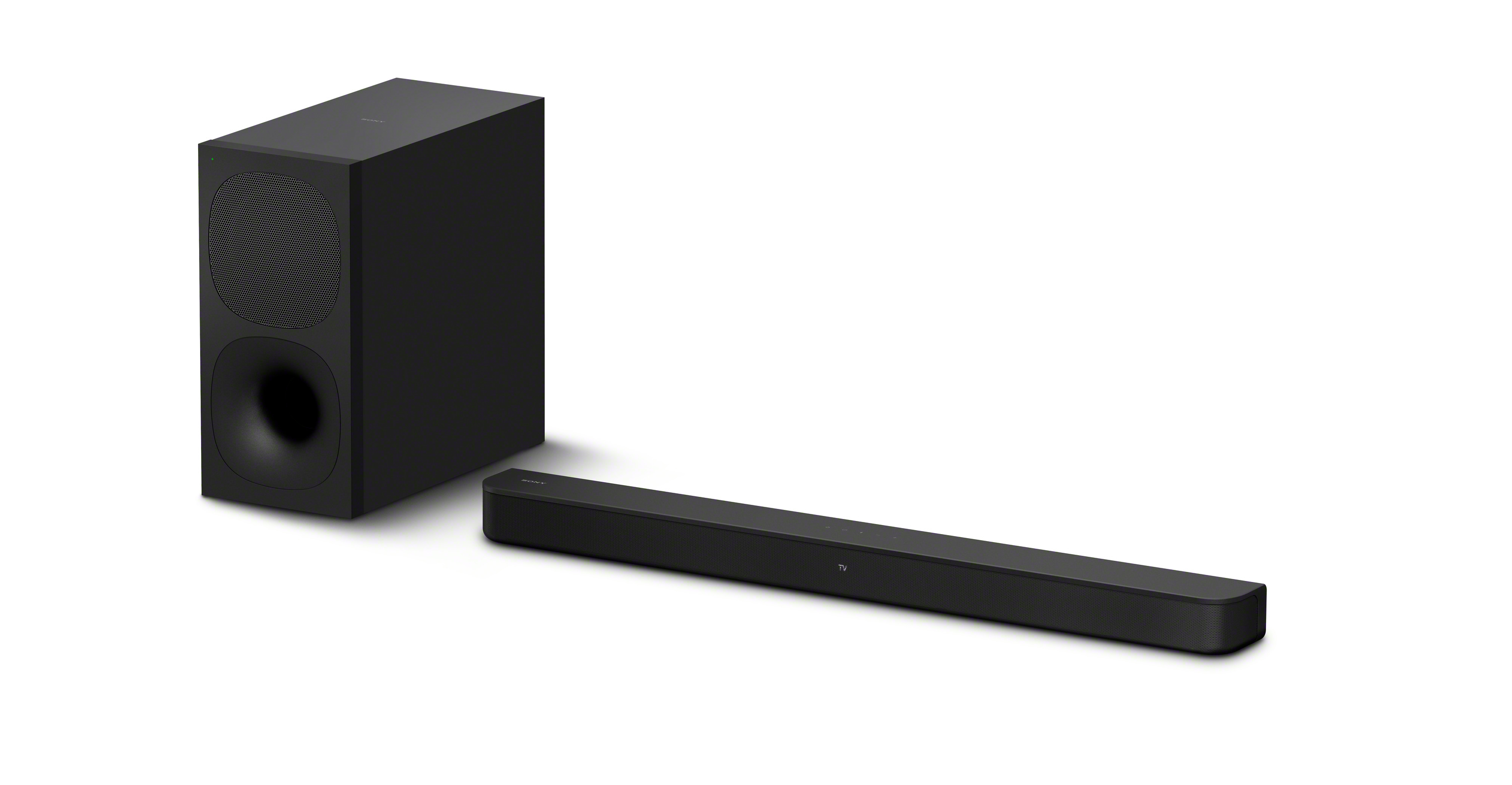 Un conjunto de barra de sonido y subwoofer negros sobre un fondo blanco. El subwoofer está a la izquierda.