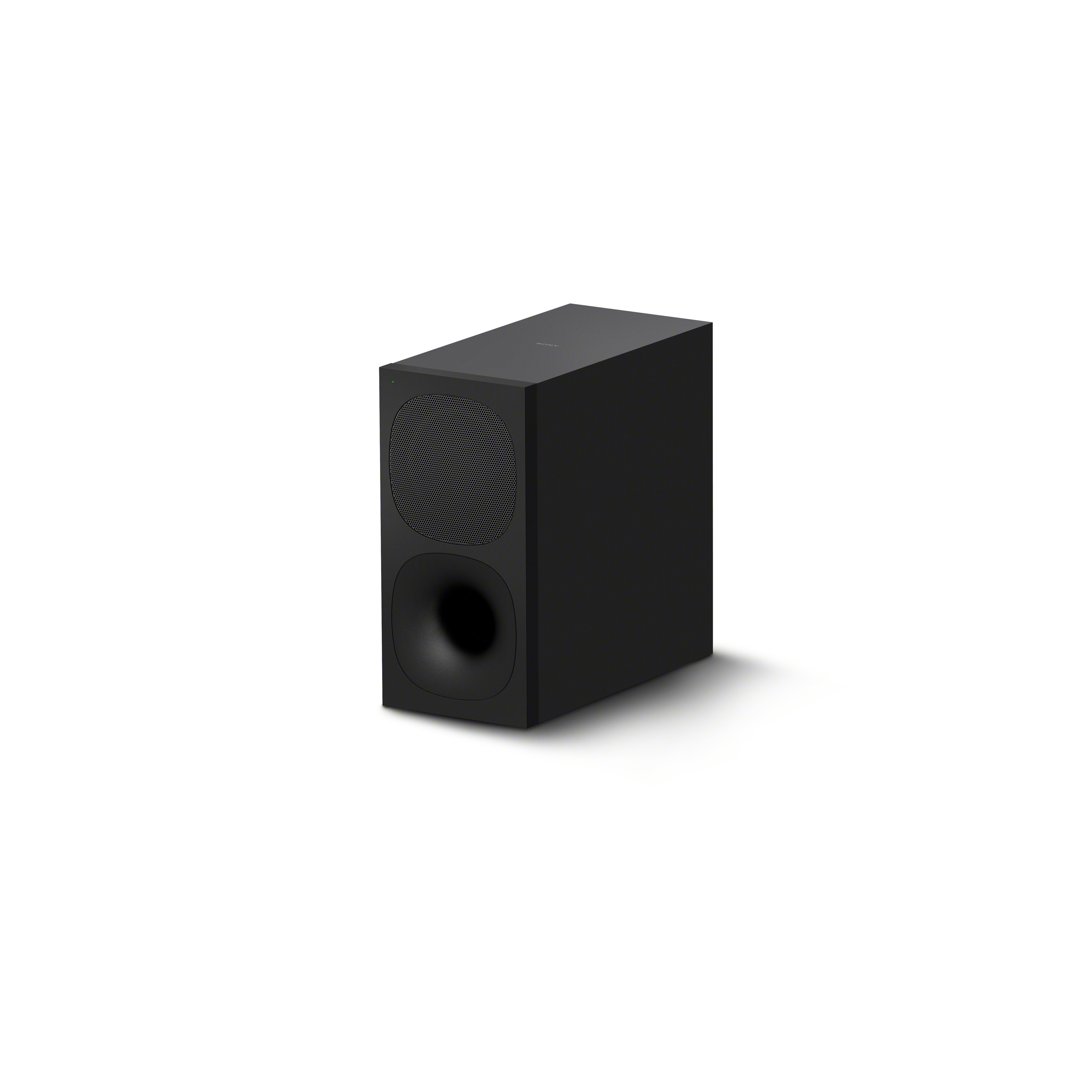 Altavoz subwoofer negro con rejilla circular y puerto, aislado sobre blanco.