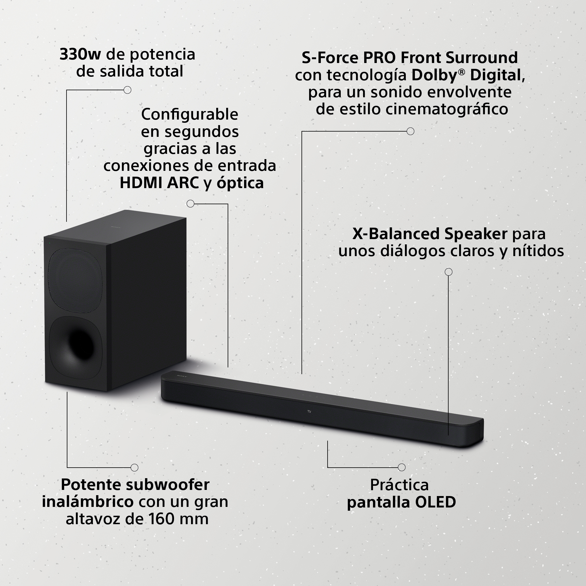 Sistema de sonido negro con subwoofer y barra de sonido. El texto describe las características y la potencia.