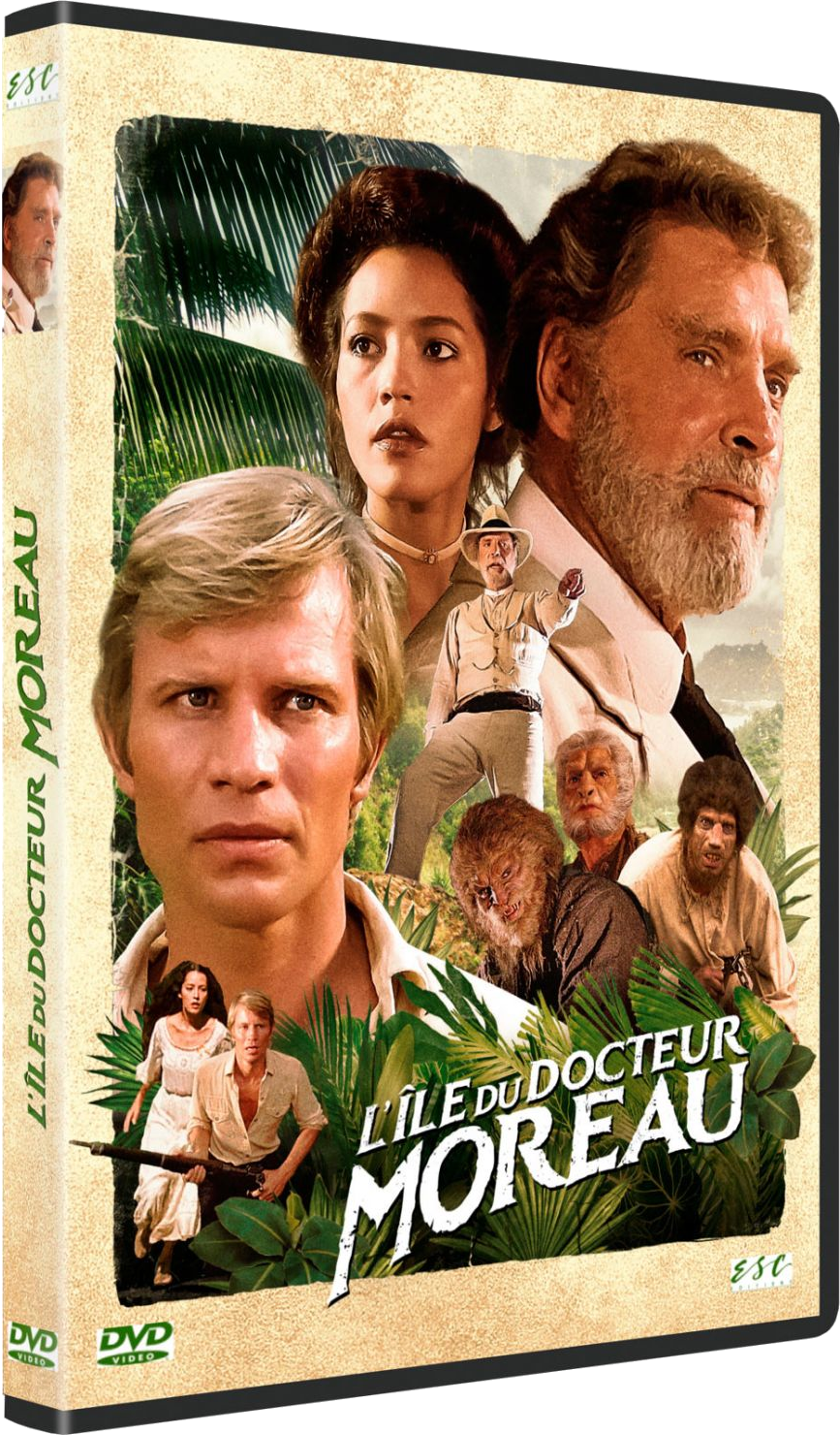 Couverture du DVD du film, L'Île du docteur Moreau. Comprend plusieurs acteurs et un cadre tropical.