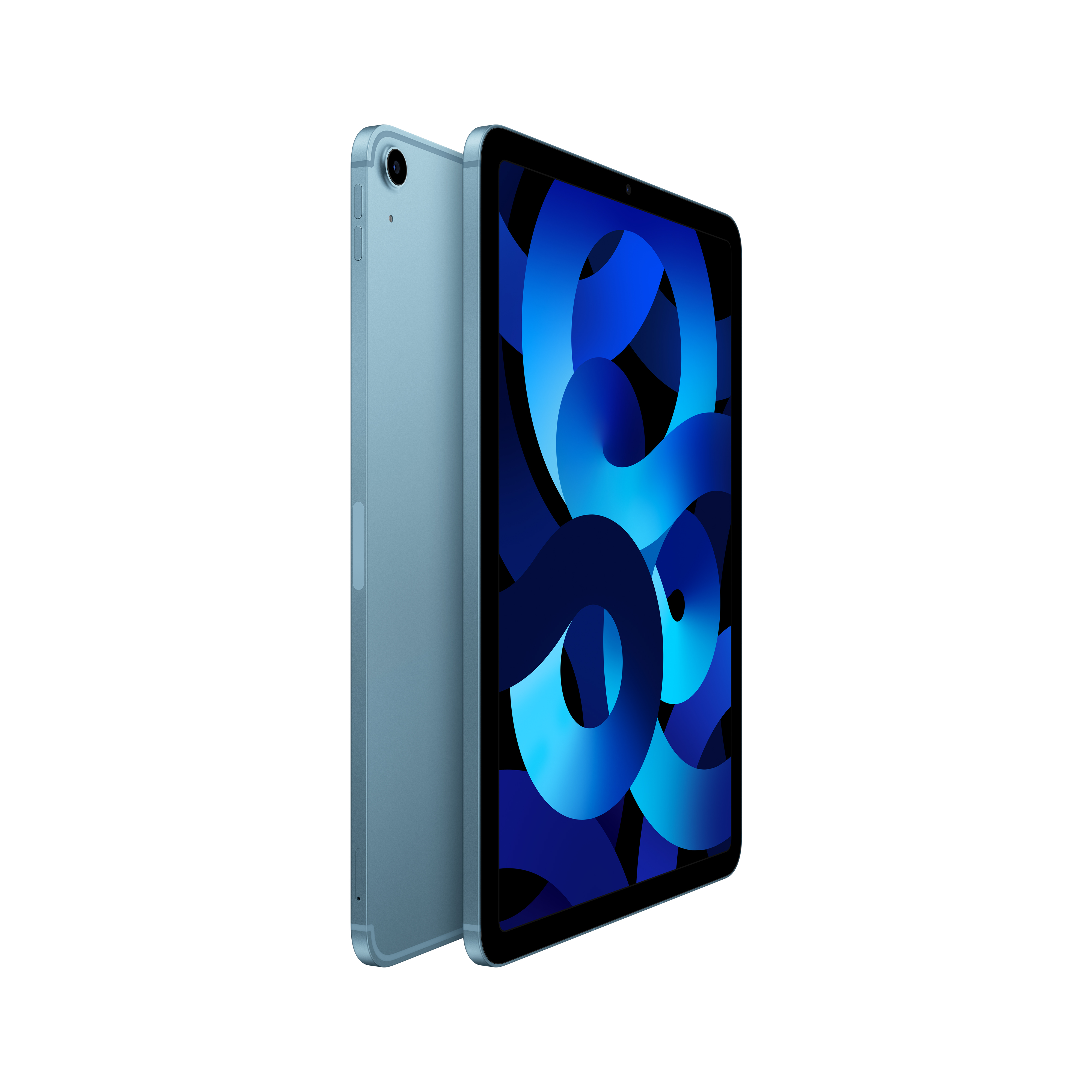 Blaues iPad Air mit blauem abstrakten Kunstwerk auf dem Bildschirm.