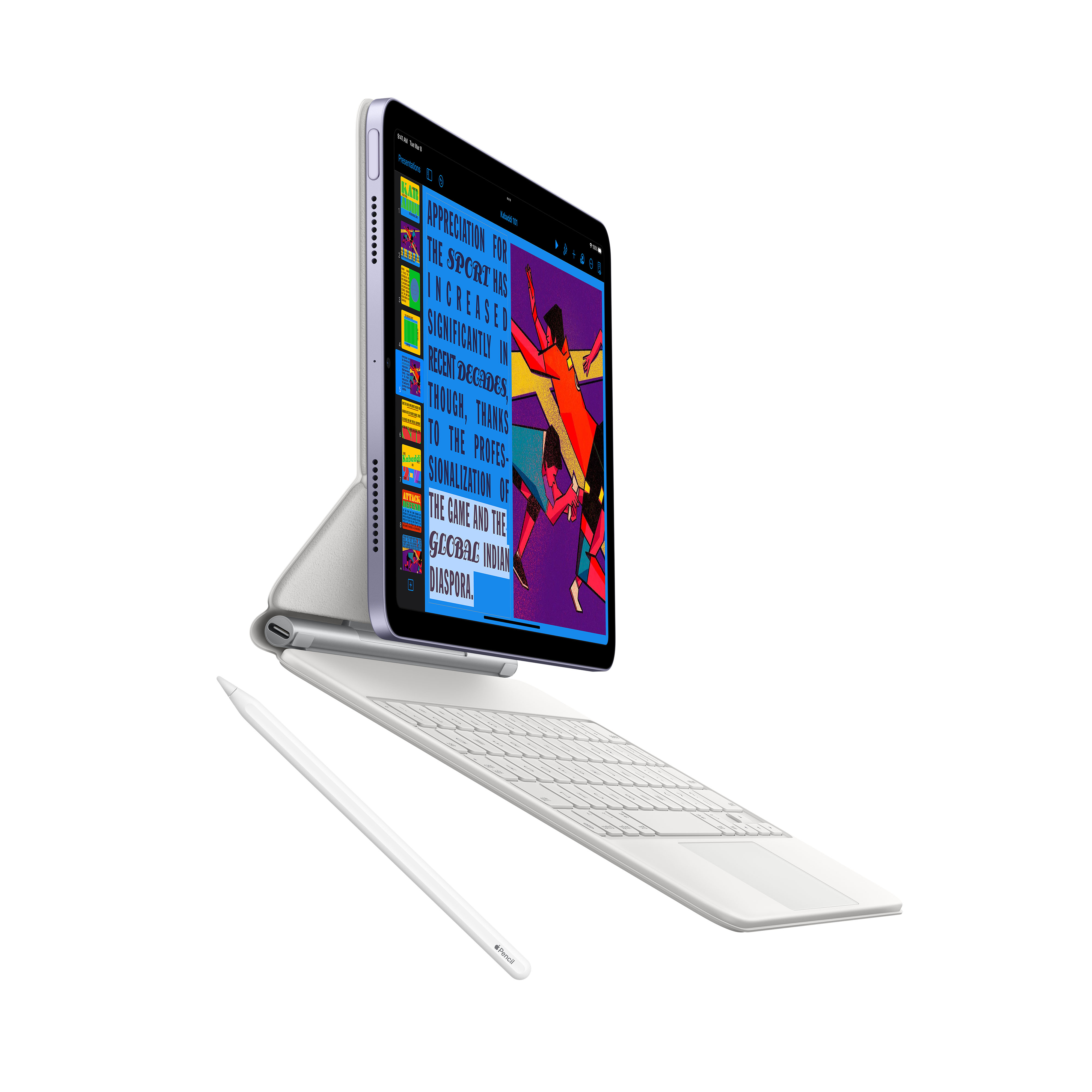 iPad mit Tastatur und Stift, zeigt bunte Seite mit Text und Figuren.