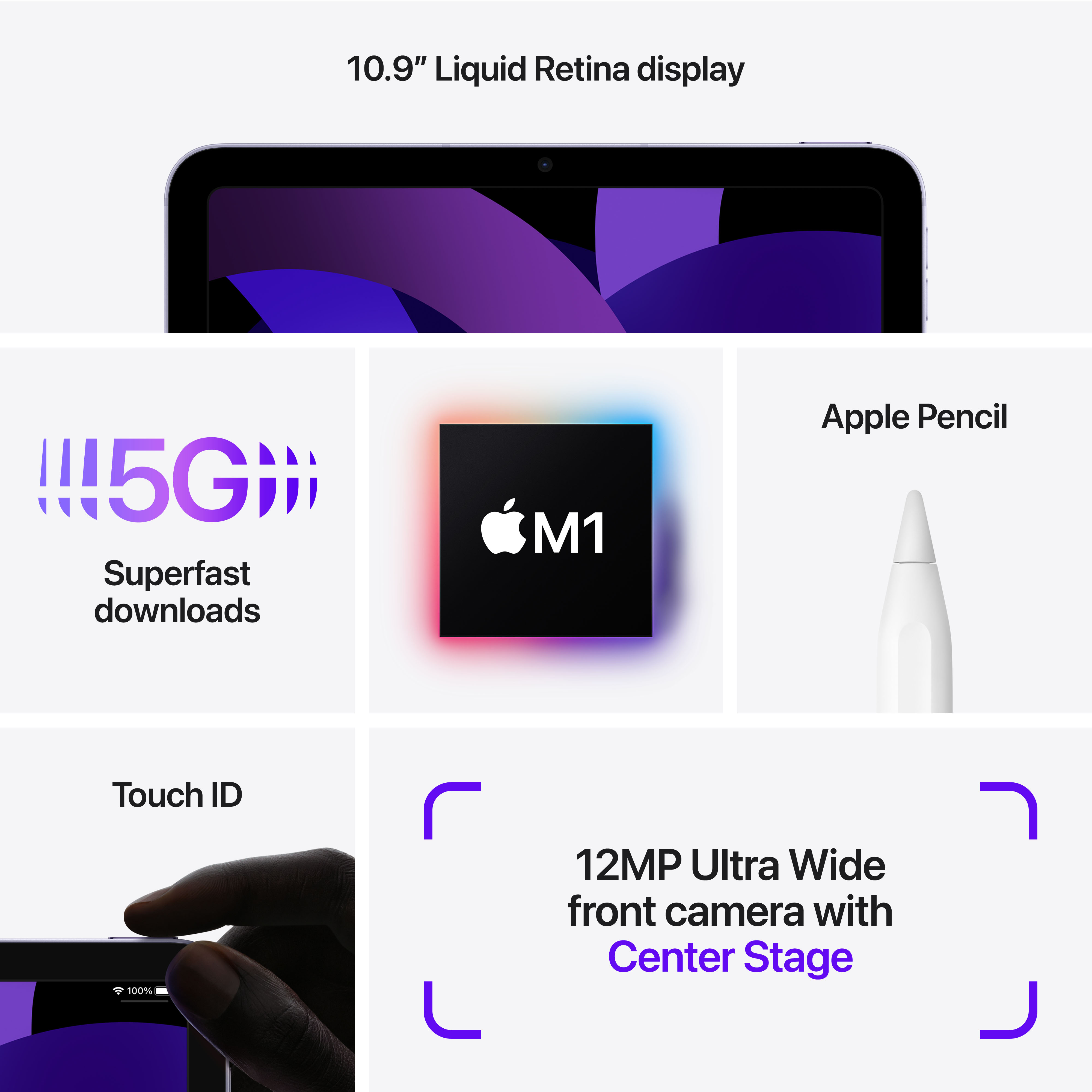 Tablet mit Text, 5G, M1 Chip, Apple Pencil, Touch ID und 12MP Kamera.