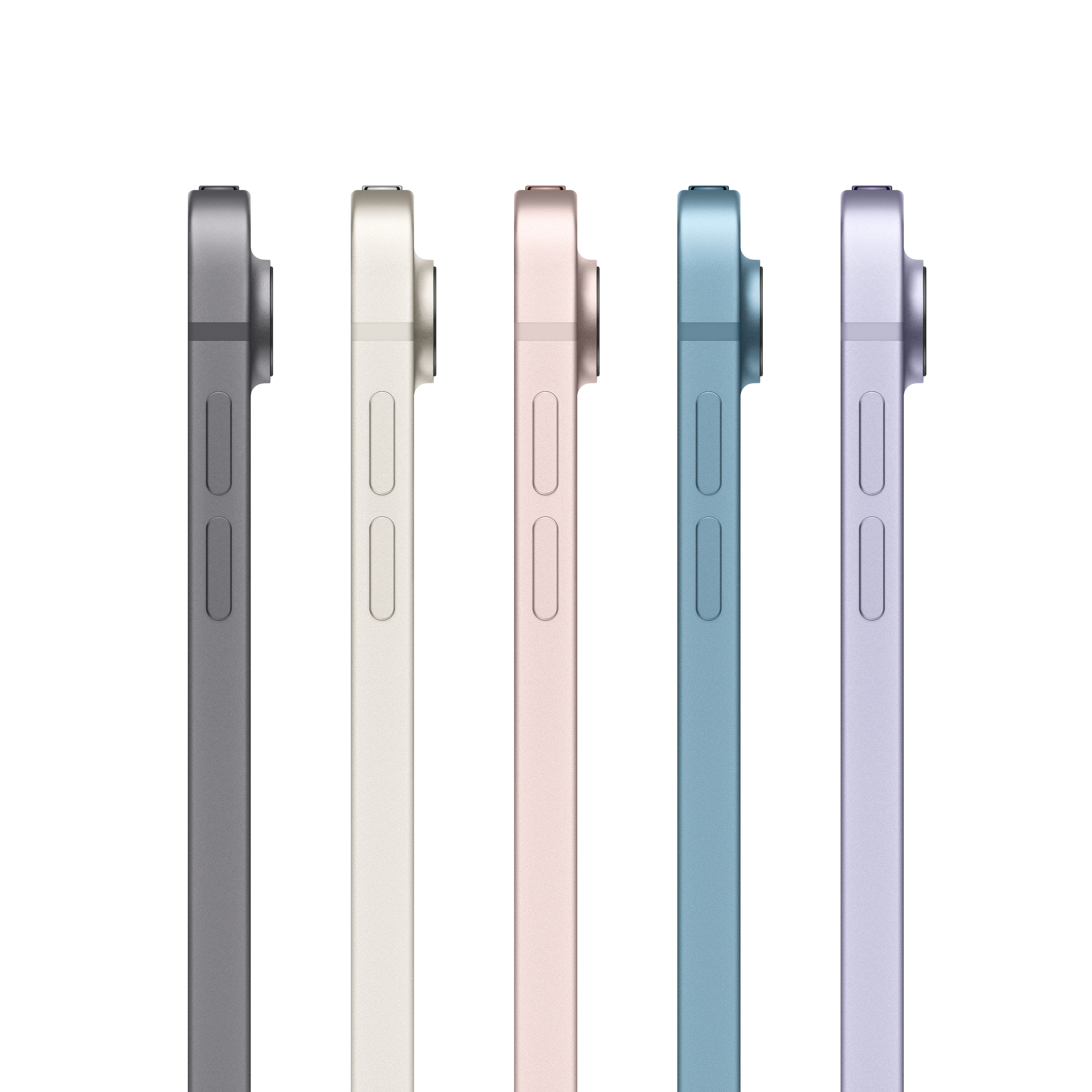 Seitenansicht von fünf iPads in verschiedenen Farben: Grau, Beige, Rosa, Blau und Lila.
