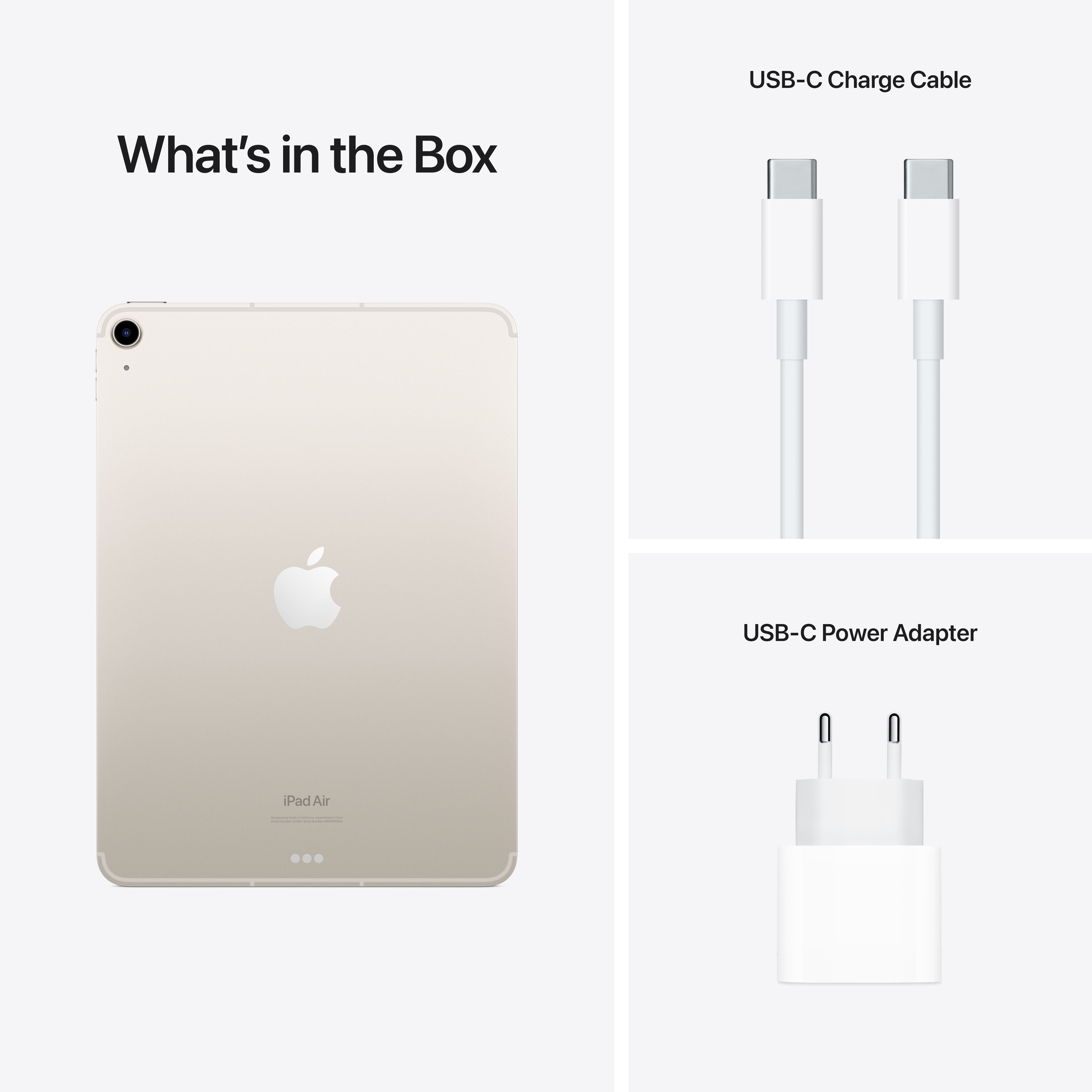 iPad Air Inhalt: iPad, USB-C-Kabel und Netzteil. Weißer Hintergrund.