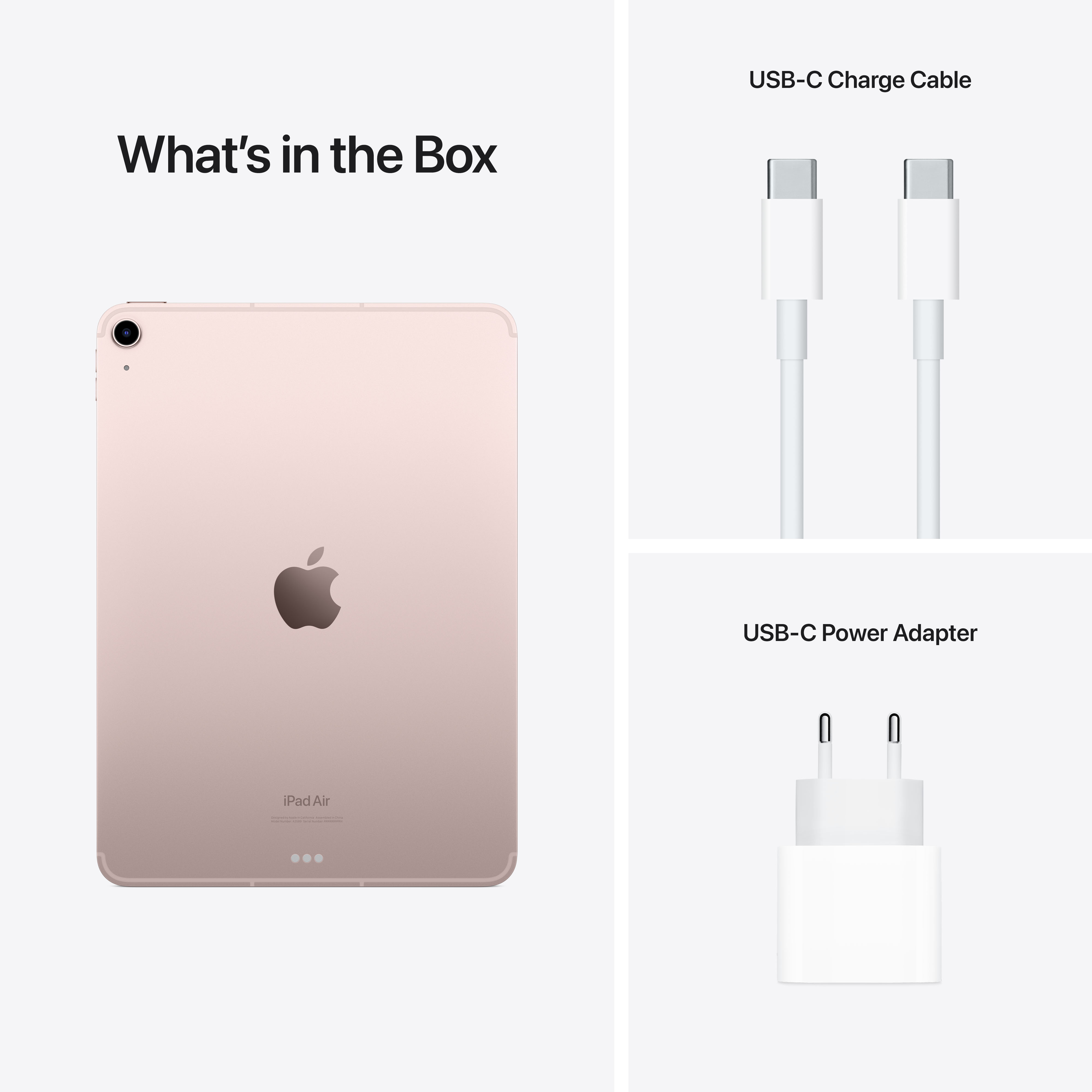 iPad Air, USB-C-Ladekabel und USB-C-Netzteil, alles in einer Box.
