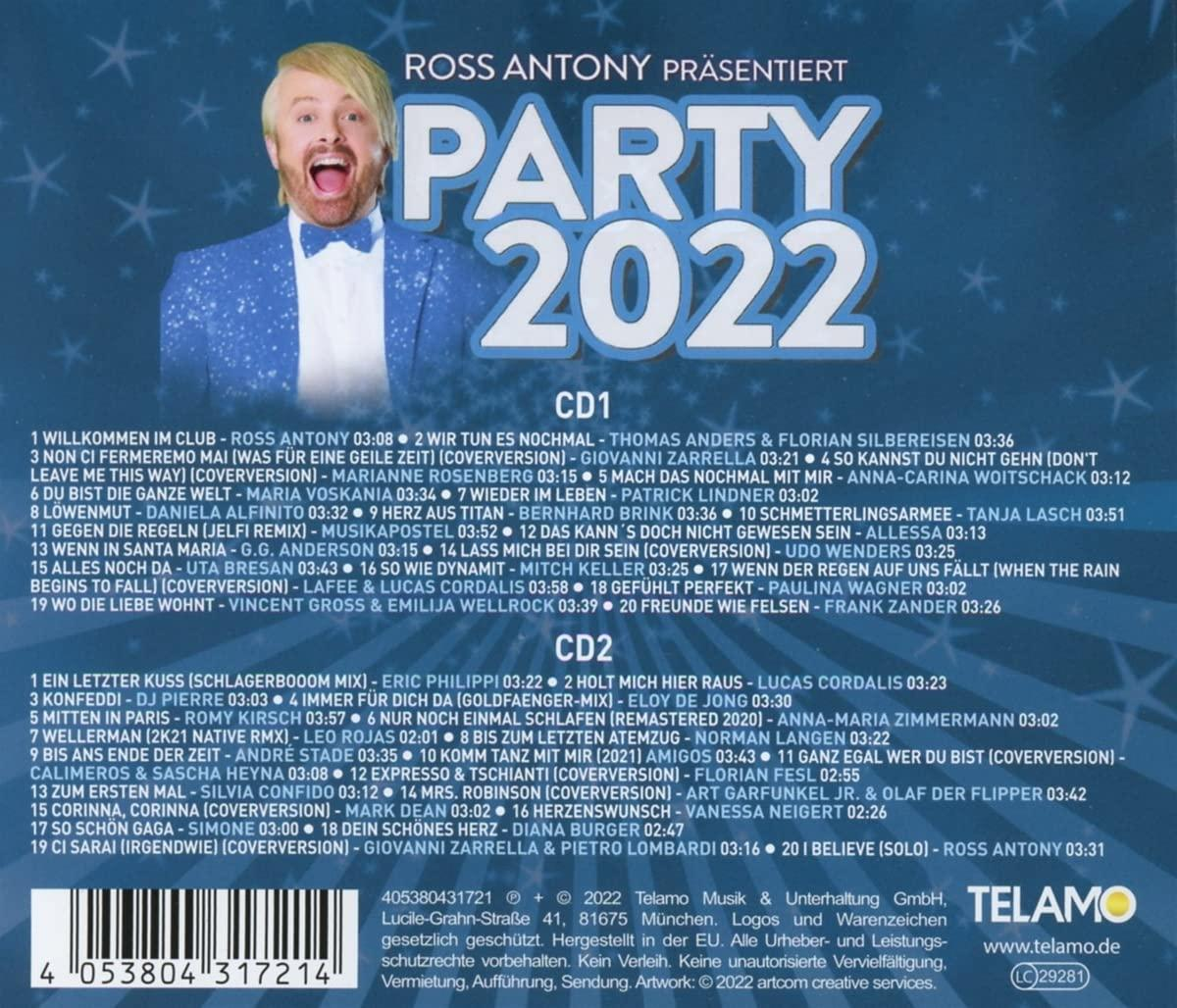CD-Cover mit Text 'PARTY 2022' und Foto eines blonden Mannes mit überraschtem Gesicht.