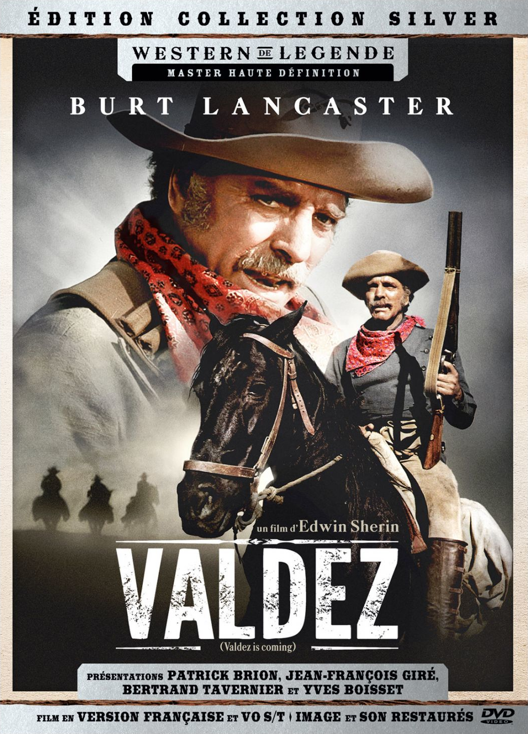 Filmposter voor "Valdez", Burt Lancaster is te zien met een paard en een man met een geweer.