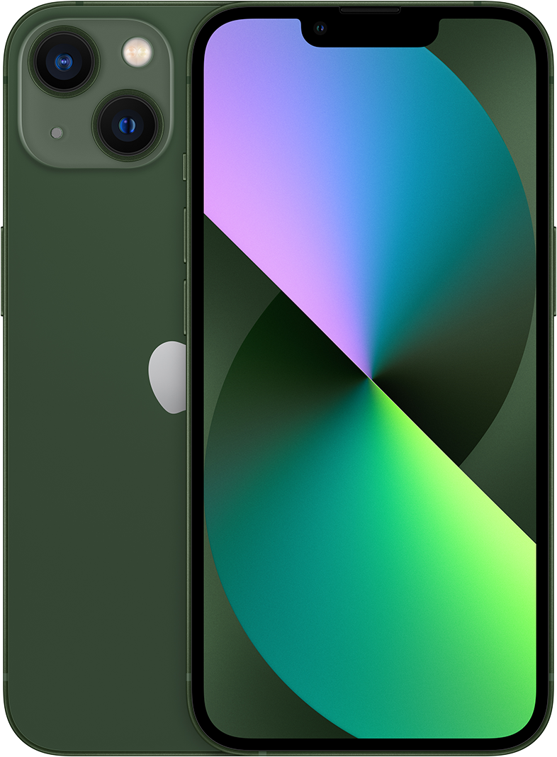 Zöld iPhone 13, hátulnézettel és színes gradiens mintás előlappal.