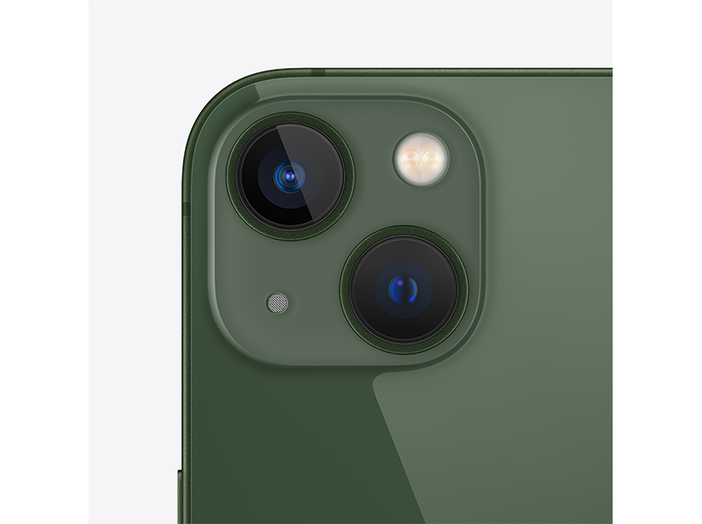 Az iPhone kamerarendszerének közeli képe a hátlapon. Zöld telefon két lencsével.