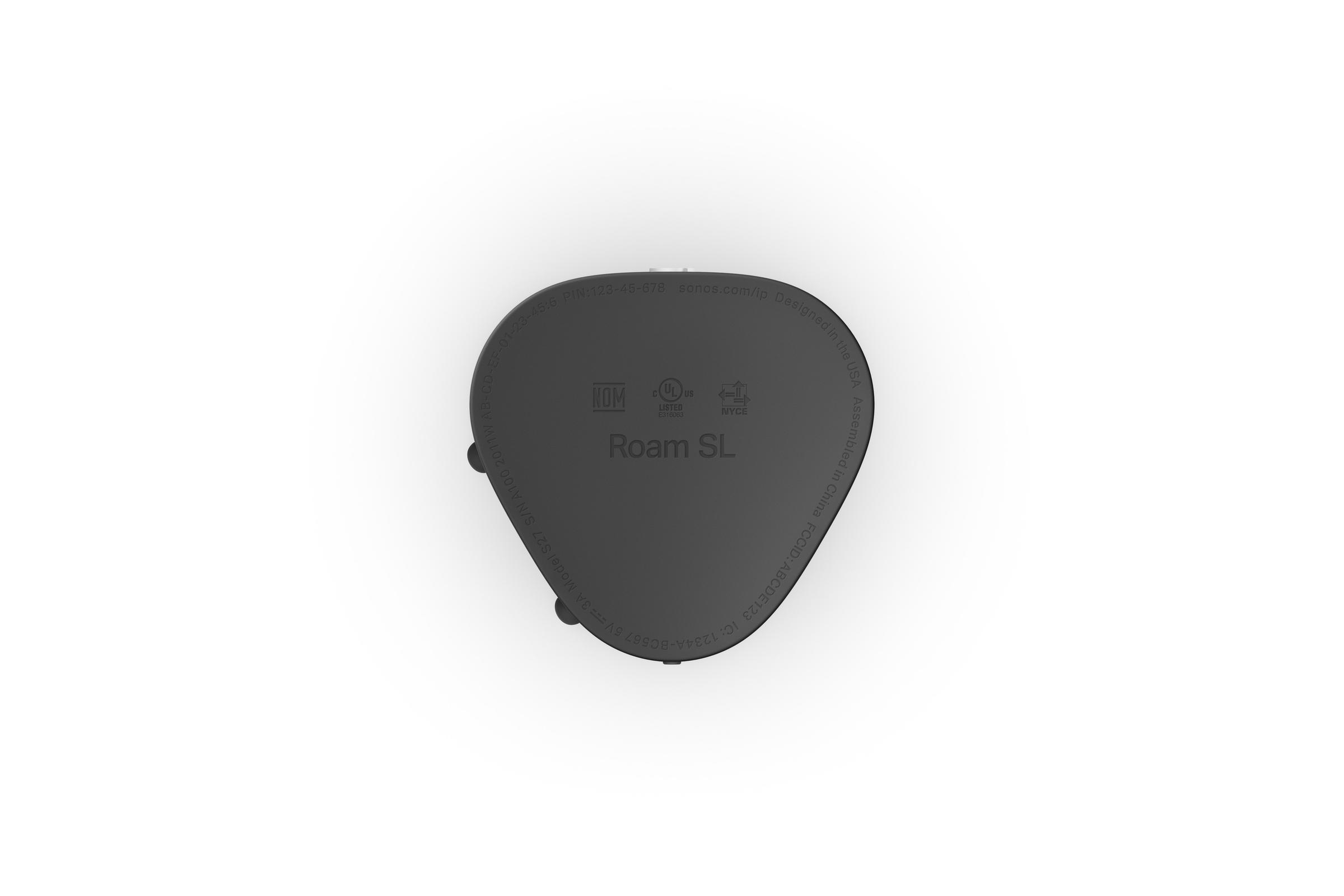 Ein schwarzer, oval geformter Lautsprecher mit dem Aufdruck 'Roam SL' auf weißem Hintergrund.