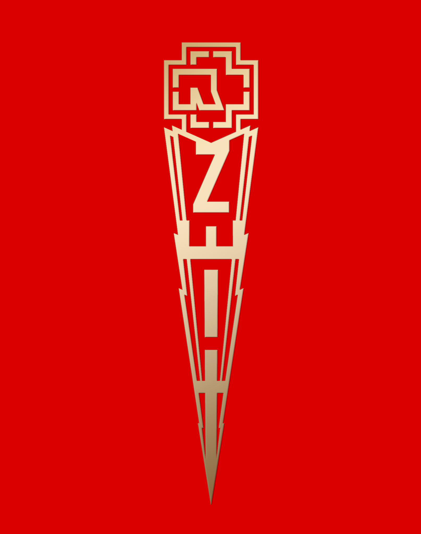 Goldenes Emblem auf rotem Hintergrund. Das Emblem ist ein stilisiertes 'R' und 'Z' mit spitzem Fuß.