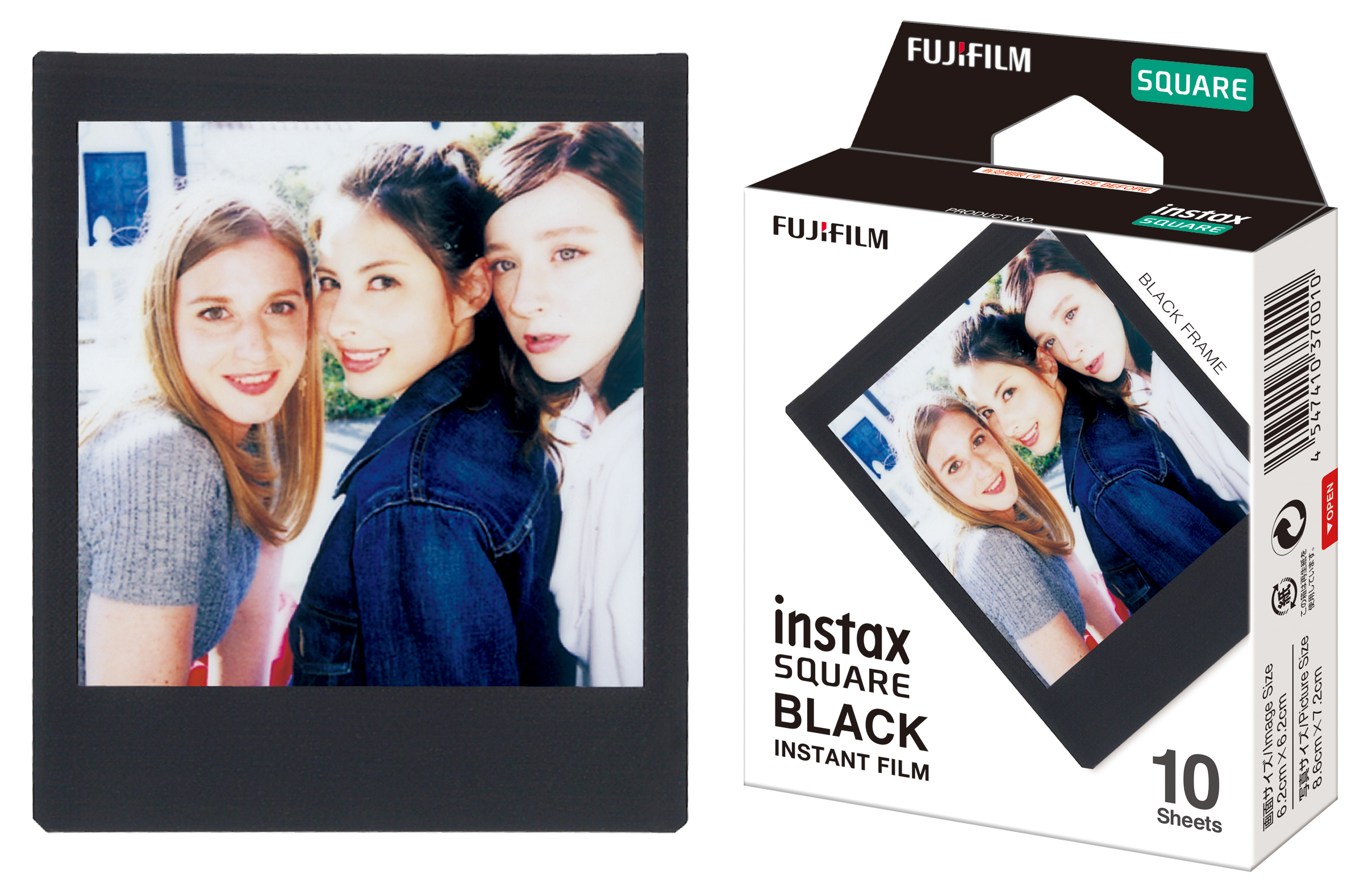 Fotoğrafta üç kadın, siyah çerçeve. Sağda bir Instax Square Black film kutusu.