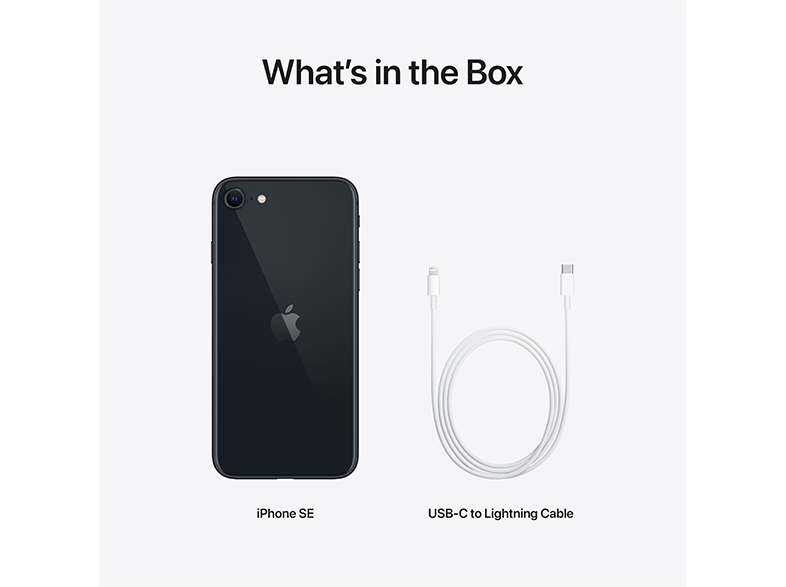 iPhone SE és töltőkábel fehér háttérrel, a dobozból.