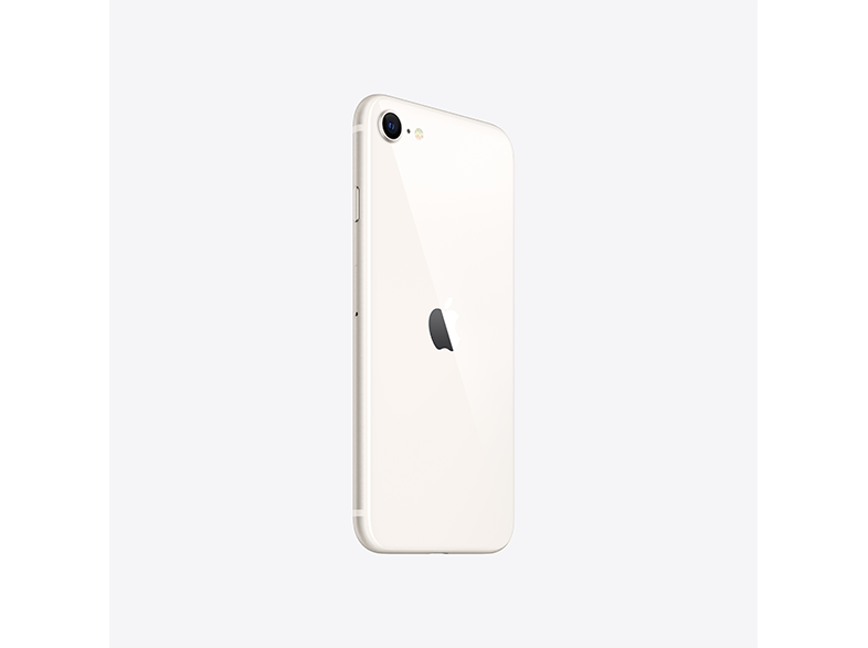 Fehér iPhone SE, hátulról, fekete Apple logóval fehér háttéren.