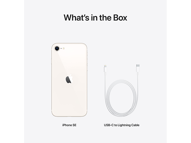 iPhone SE és egy USB-C - Lightning kábel fehér háttéren. A szöveg: Mi van a dobozban.