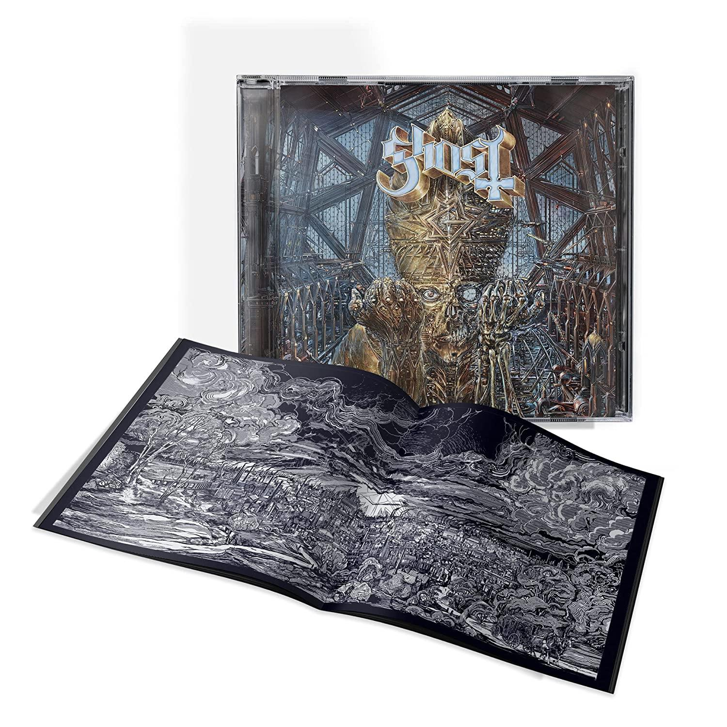 Ghost album CD tokja és füzete. A tok arany figurát mutat. A füzet fekete-fehér művészetet mutat.