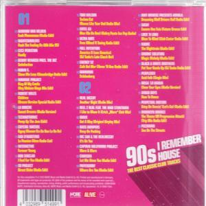 Rückseite eines pinkfarbenen CD-Covers mit Titellisten. Text: '90s House'. Titel: 'I Remember 90s House'. Verschiedene Künstlernamen.