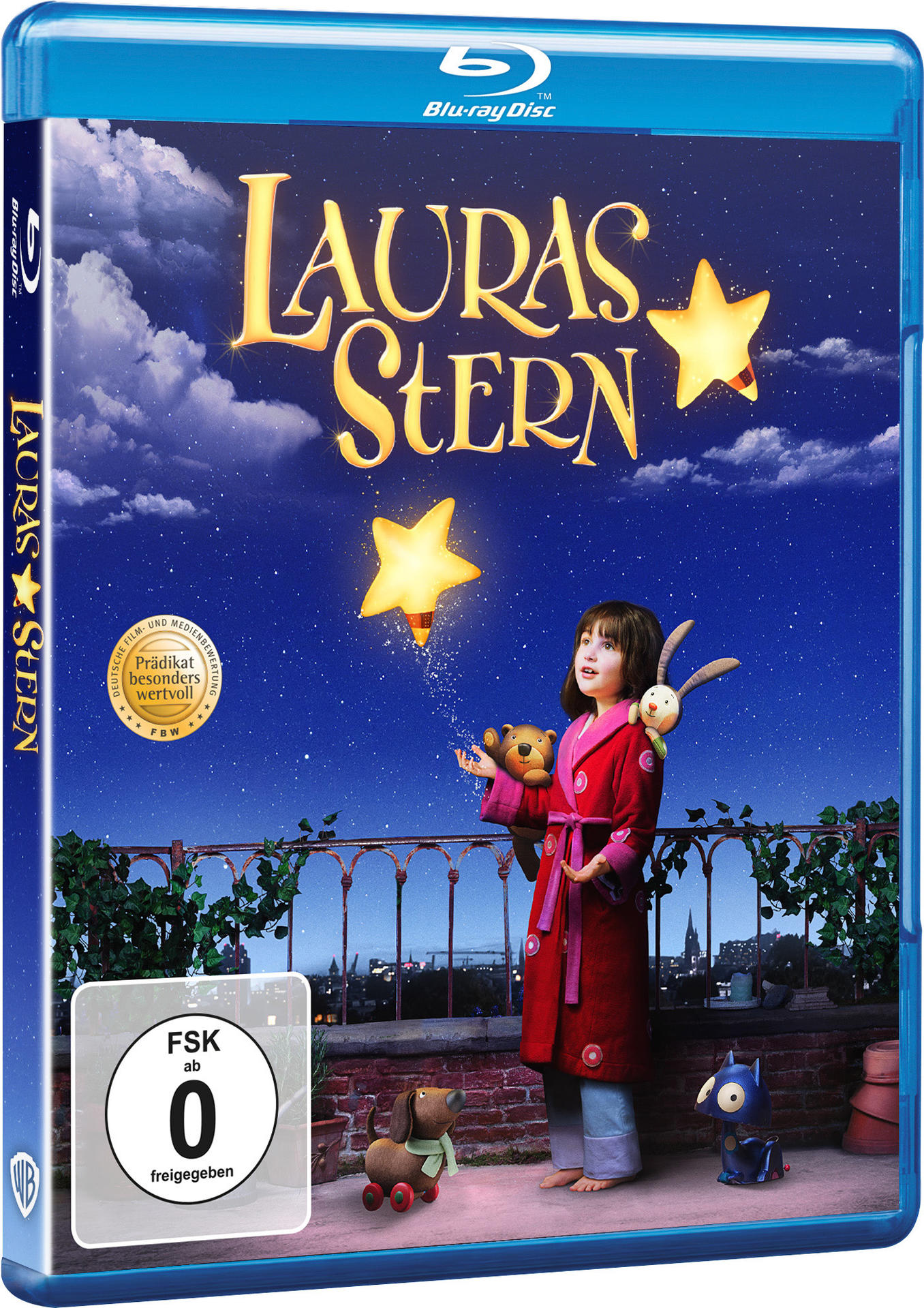 Blu-ray-Hülle mit Filmplakat. Ein Mädchen in einem roten Mantel hält einen Teddybären und einen Stern, mit Sternen am Nachthimmel.