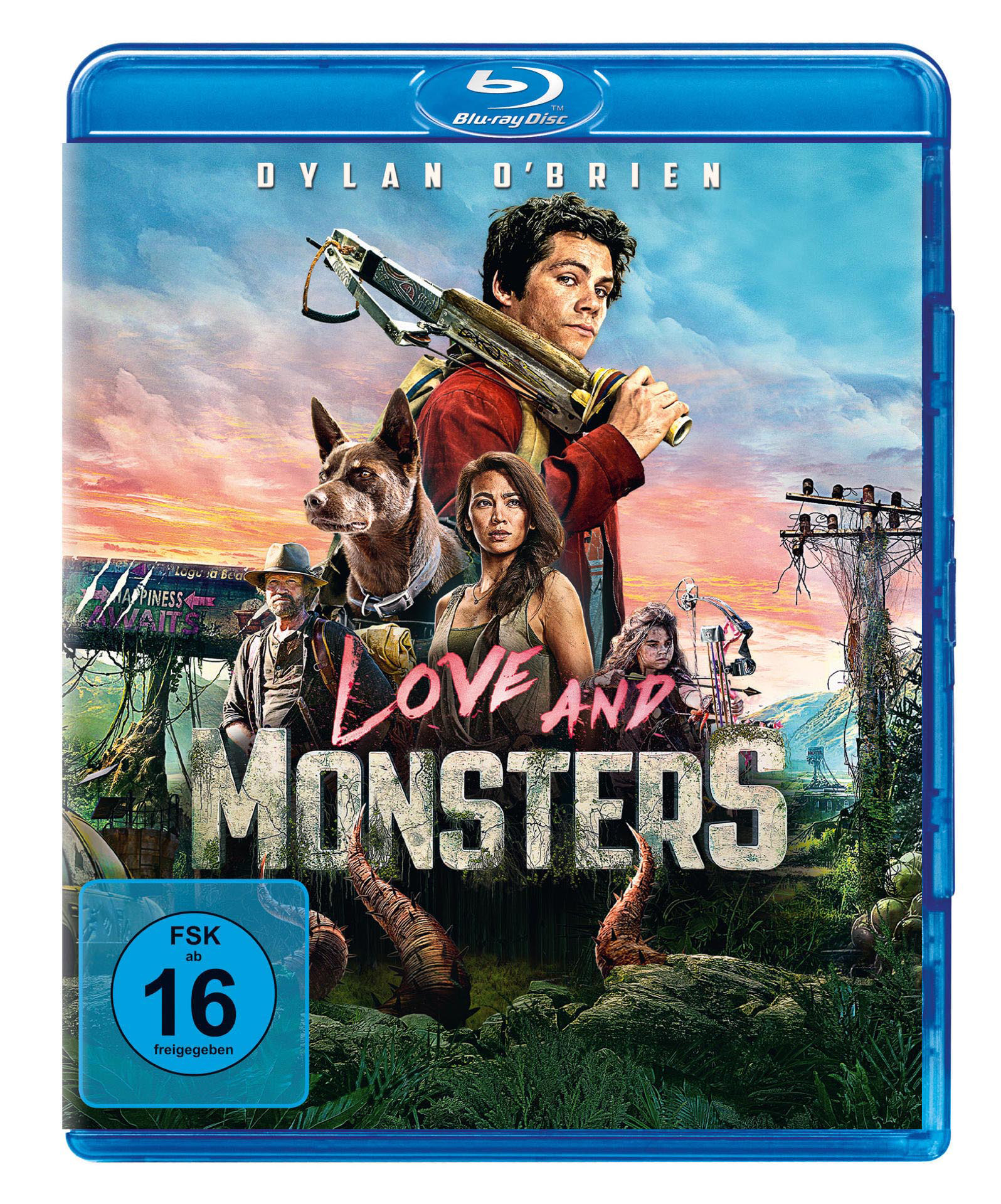 Blu-ray-Disc-Cover für 'Love and Monsters', mit einem Mann mit Armbrust, einem Hund und anderen Charakteren.