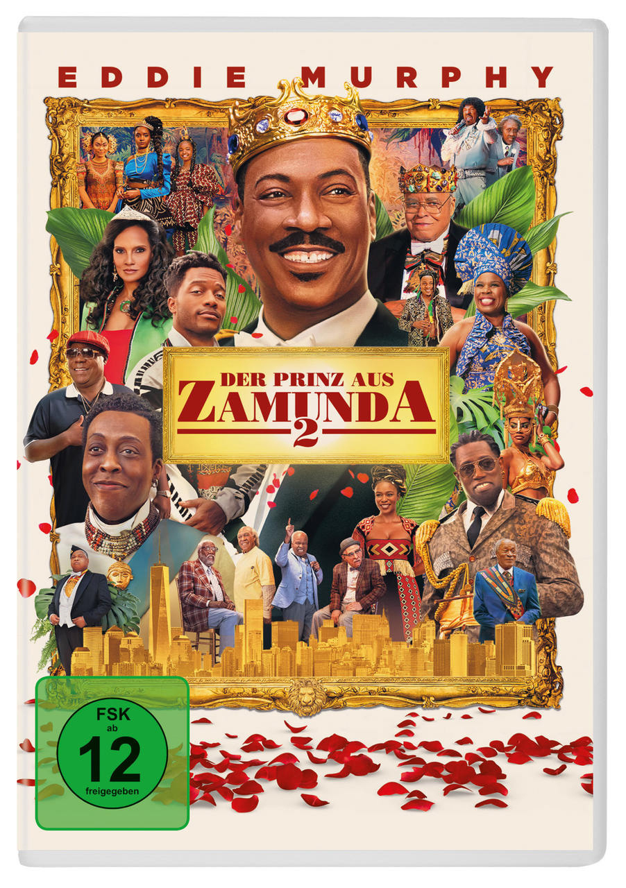 DVD-Cover für Der Prinz aus Zamunda 2, mit Eddie Murphy als Hauptbild. Viele andere Charaktere und ein goldener Rahmen.