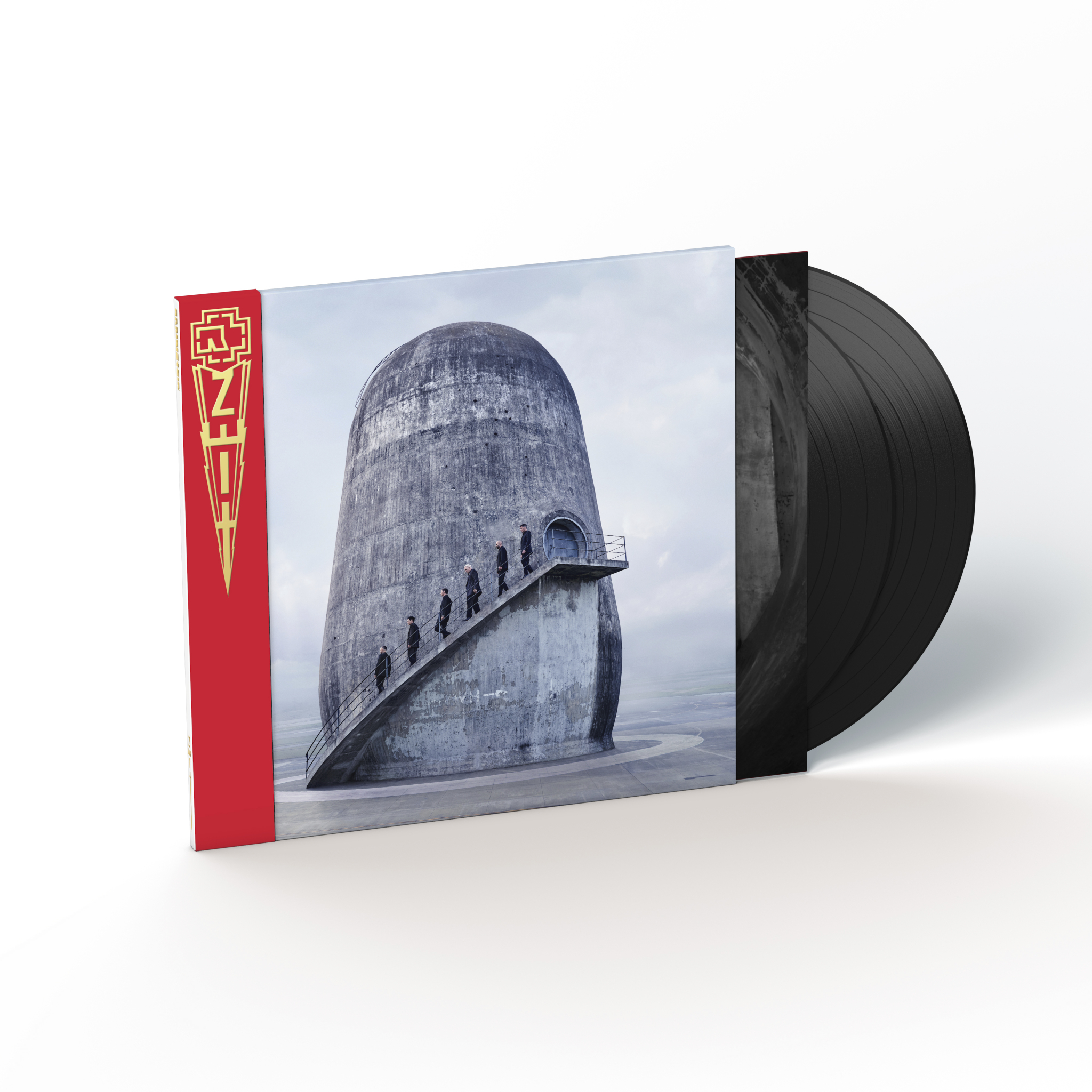 Albumcover und Vinyl-Schallplatte. Das Cover zeigt ein Silo und Bandmitglieder, die Treppen hinaufgehen.