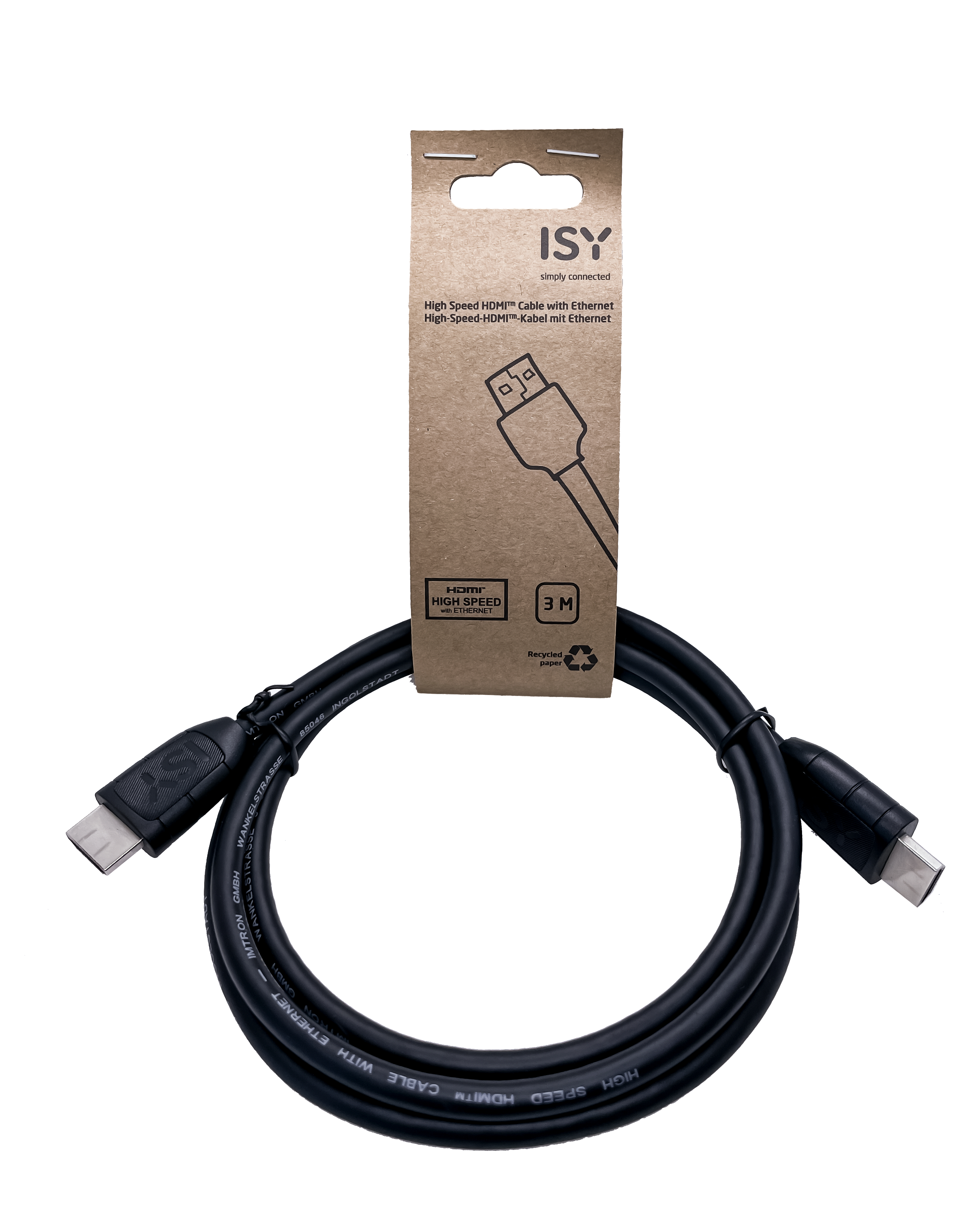 Ein schwarzes HDMI-Kabel mit dem ISY-Markenlabel, 3M Länge und Recycling-Symbol.