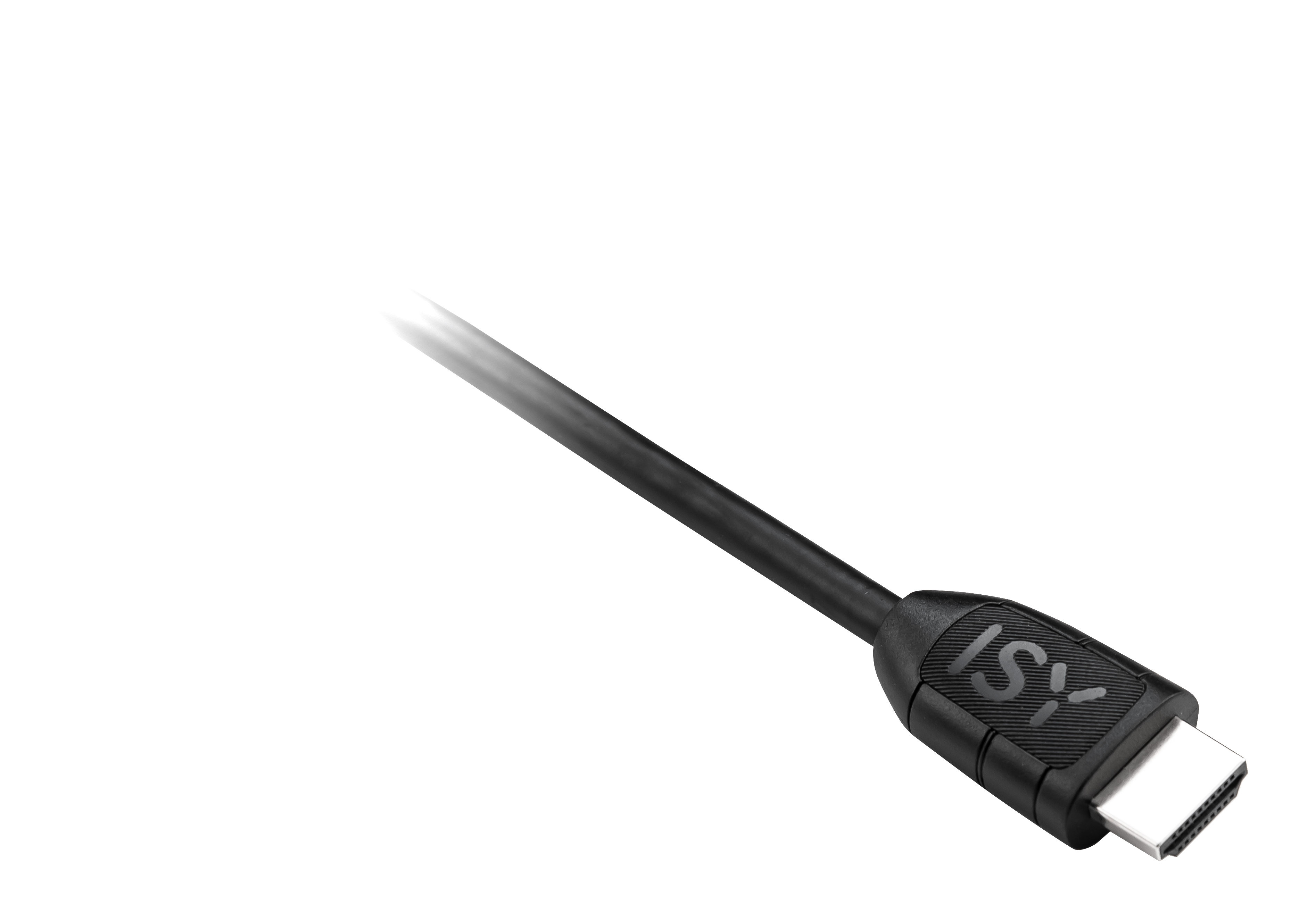 Schwarzes HDMI-Kabel mit ISY-Logo auf dem Stecker, auf weißem Hintergrund.