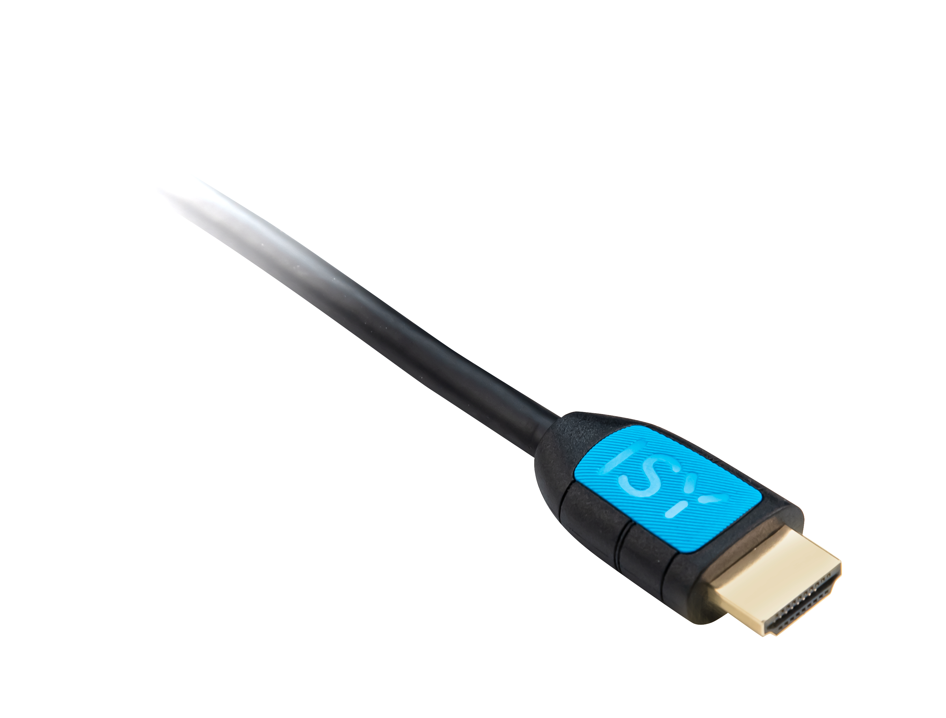 Schwarzes HDMI-Kabel mit blauem ISY-Etikett, Goldstecker, weißer Hintergrund.