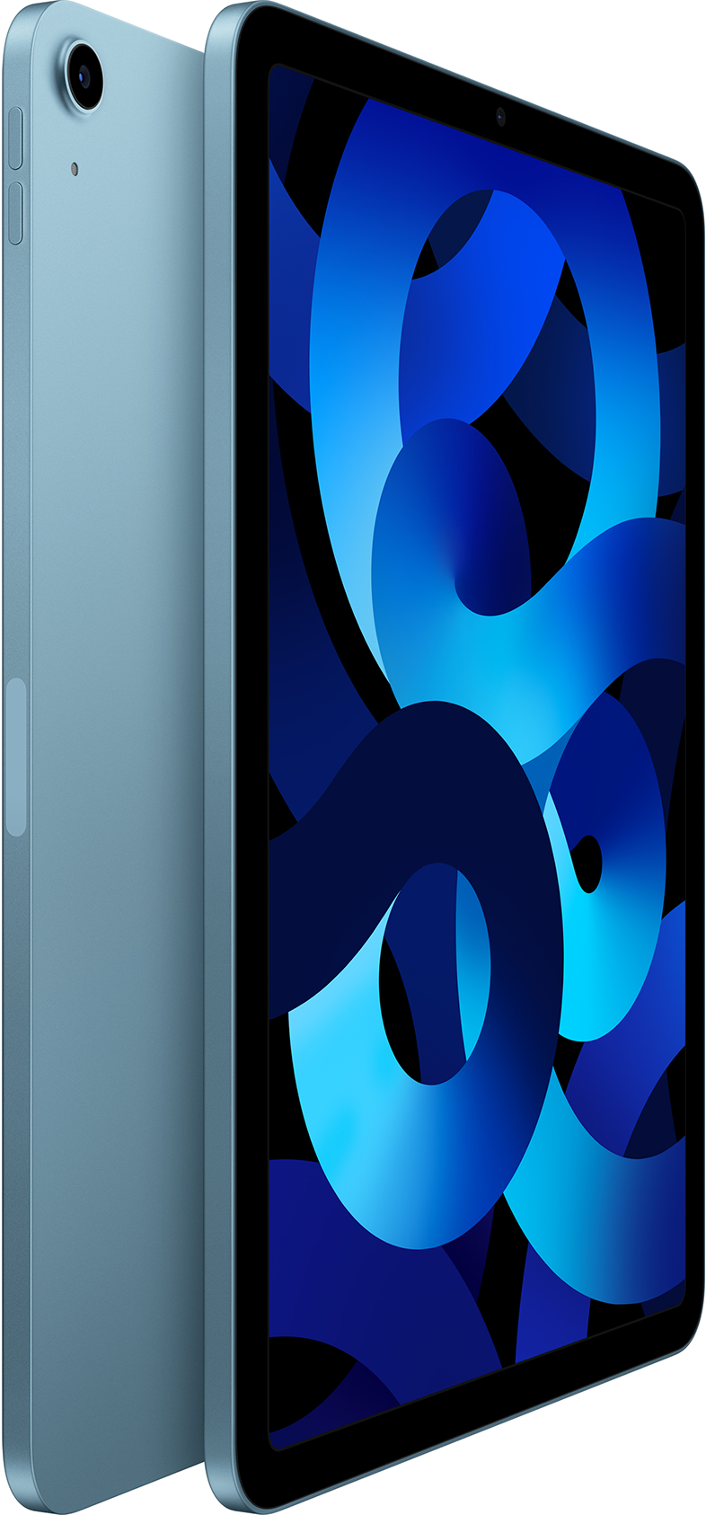 Kék iPad Air kék absztrakt dizájnnal a képernyőn, oldalsó profil.