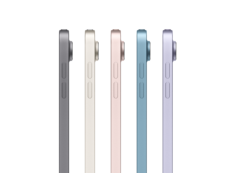 Öt különböző színű iPad, oldalnézetből. Mindegyiken van kamera és gomb az oldalán.