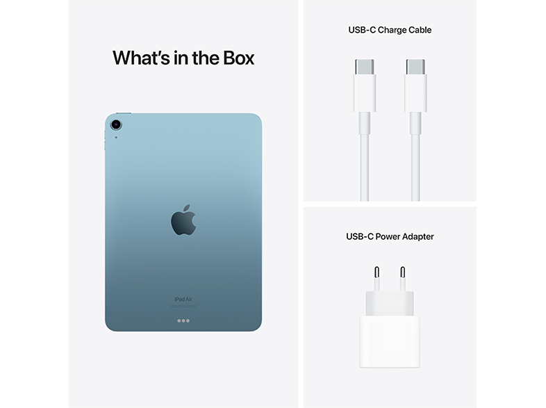 Kék iPad Air, USB-C kábel és USB-C hálózati adapter fehér háttéren.