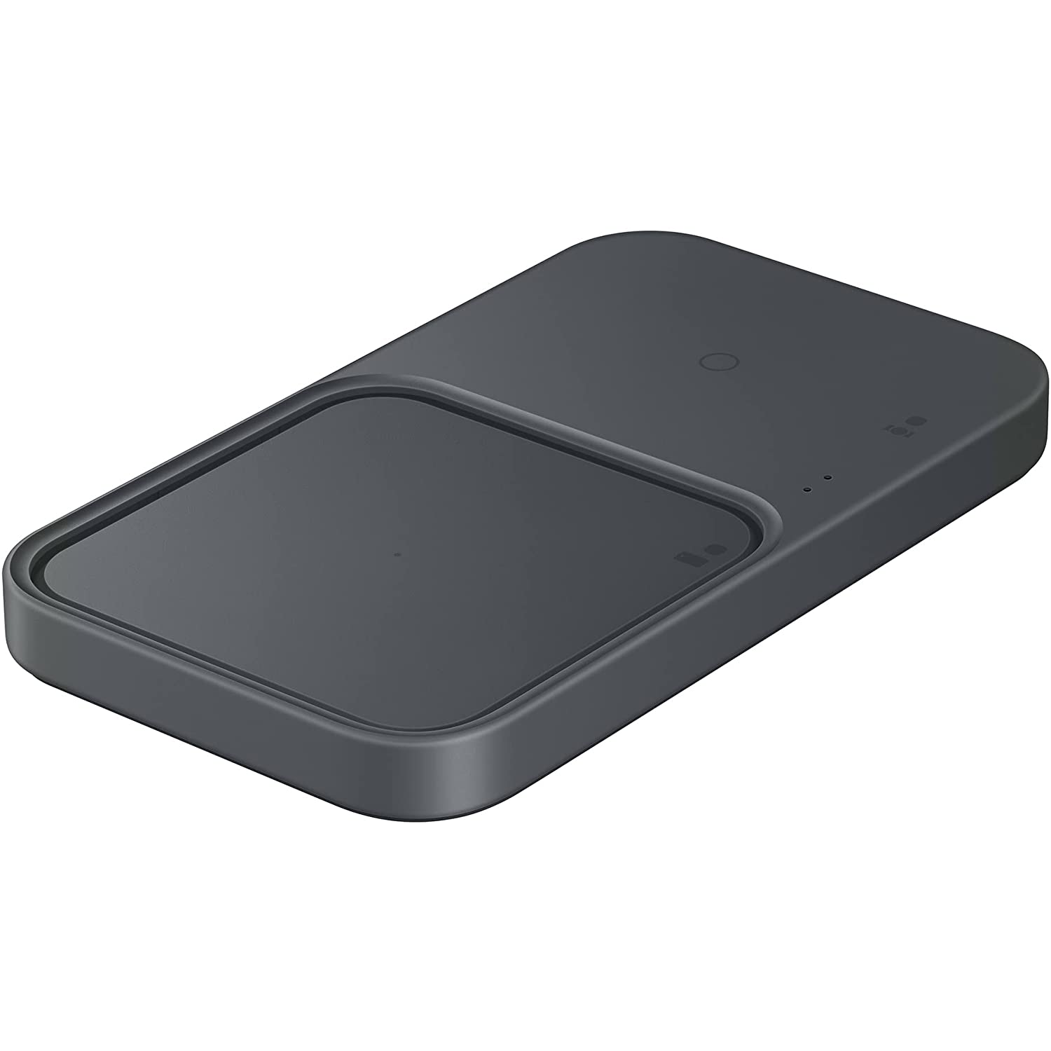 Base de carga inalámbrica negra. Rectangular con dos áreas de carga e indicadores. Superficie oscura.