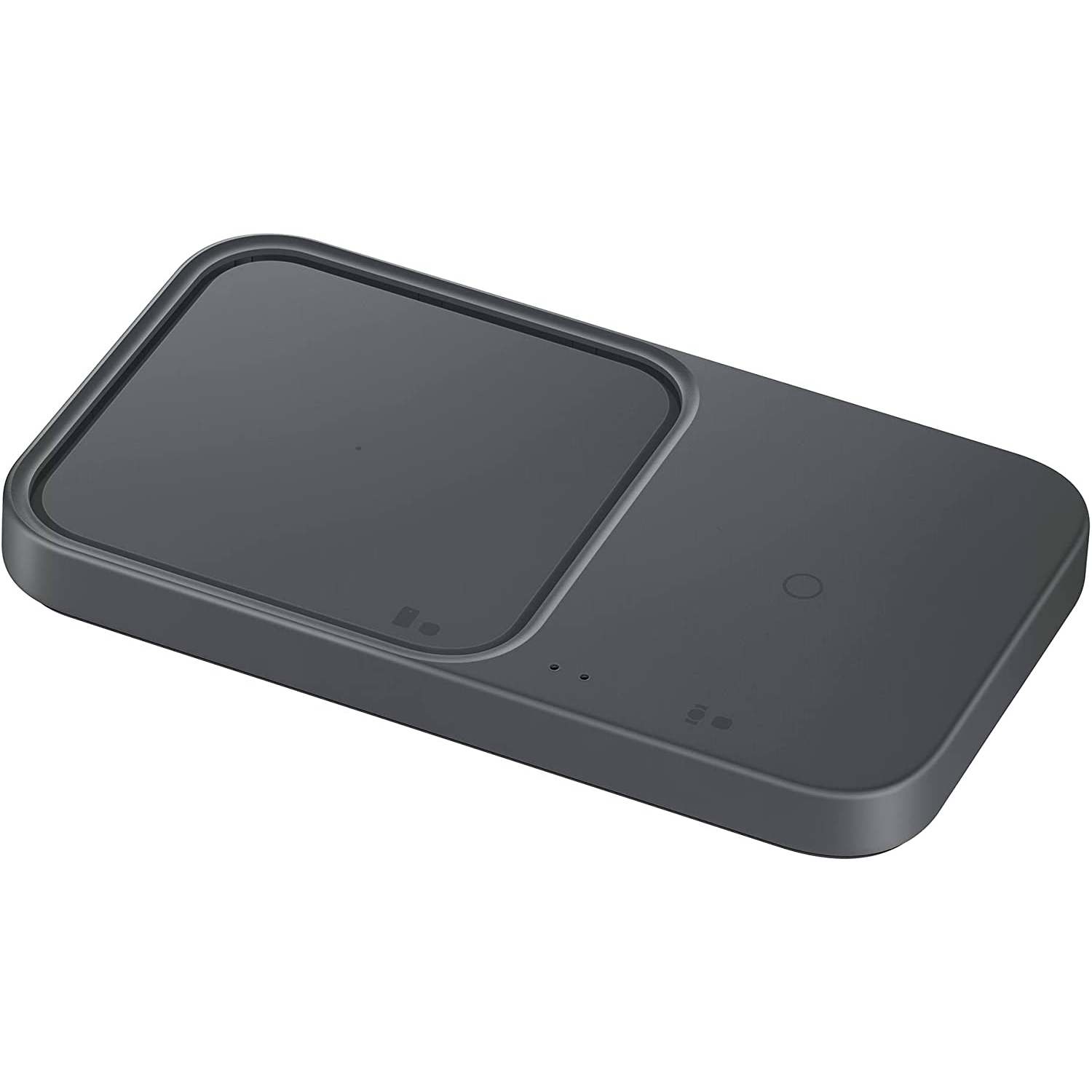 Dispositivo de carga gris oscuro, rectangular, con dos almohadillas de carga.
