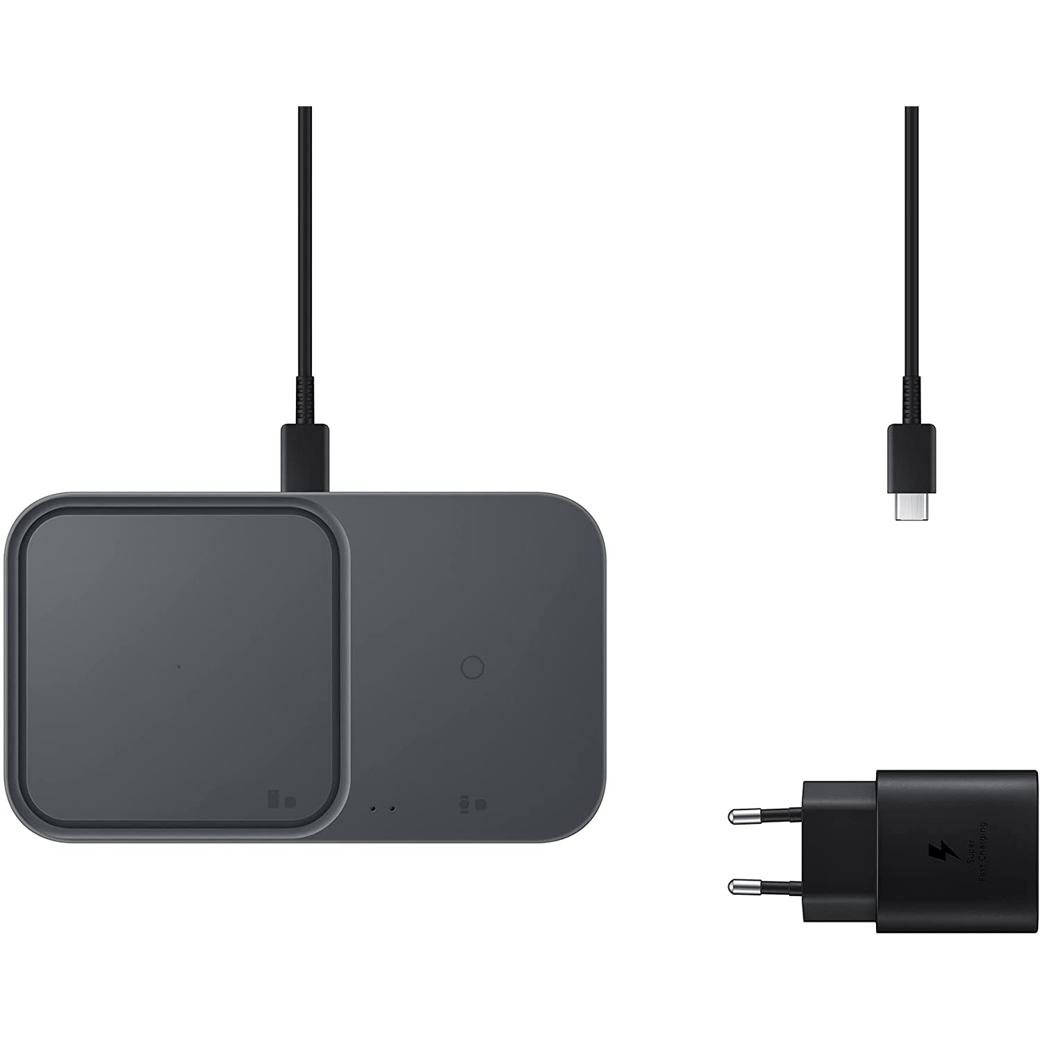 Base de carga inalámbrica con cargador y cable. Diseño negro y gris. Fondo blanco.