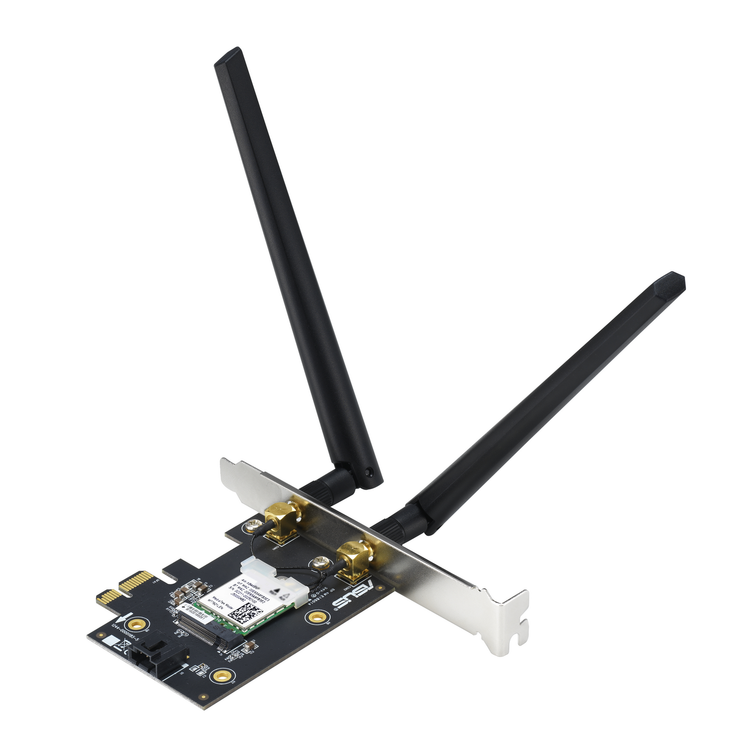 Una placa de circuito negro con dos antenas negras y un soporte de metal.