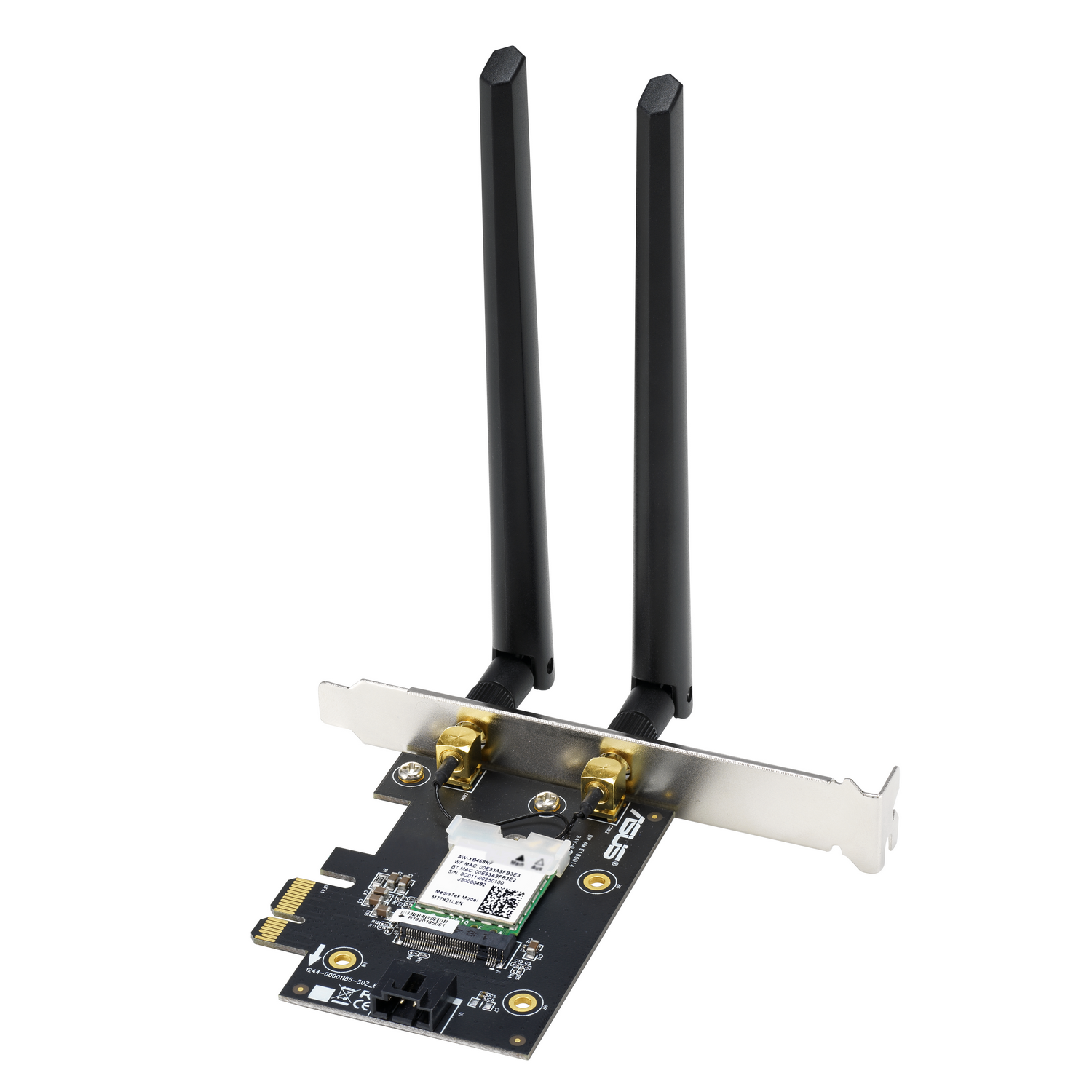 Componente de computadora negro y plateado con dos antenas, sobre fondo blanco.